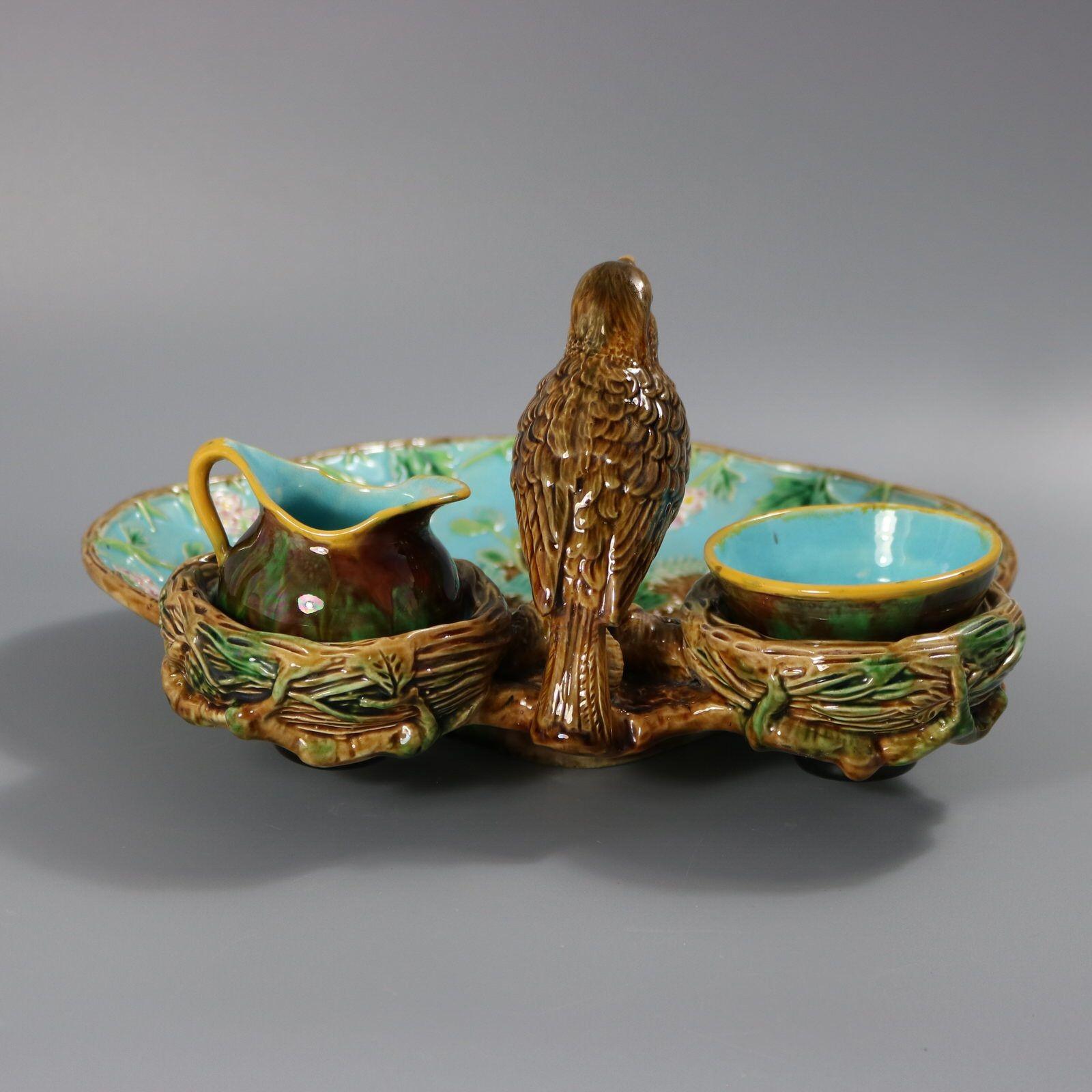 Late 19th Century George Jones Majolica Strawberry Serving Set with Bird