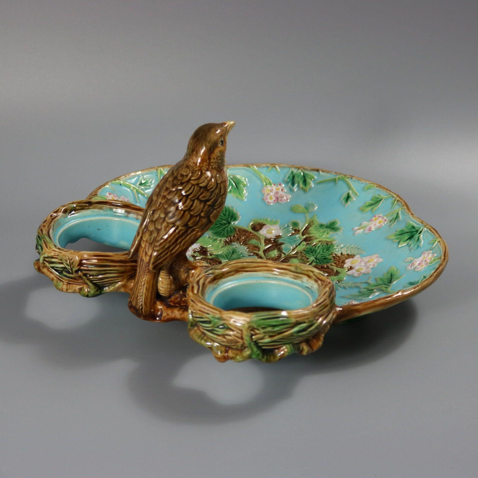 George Jones Majolica Strawberry Serving Set with Bird 1