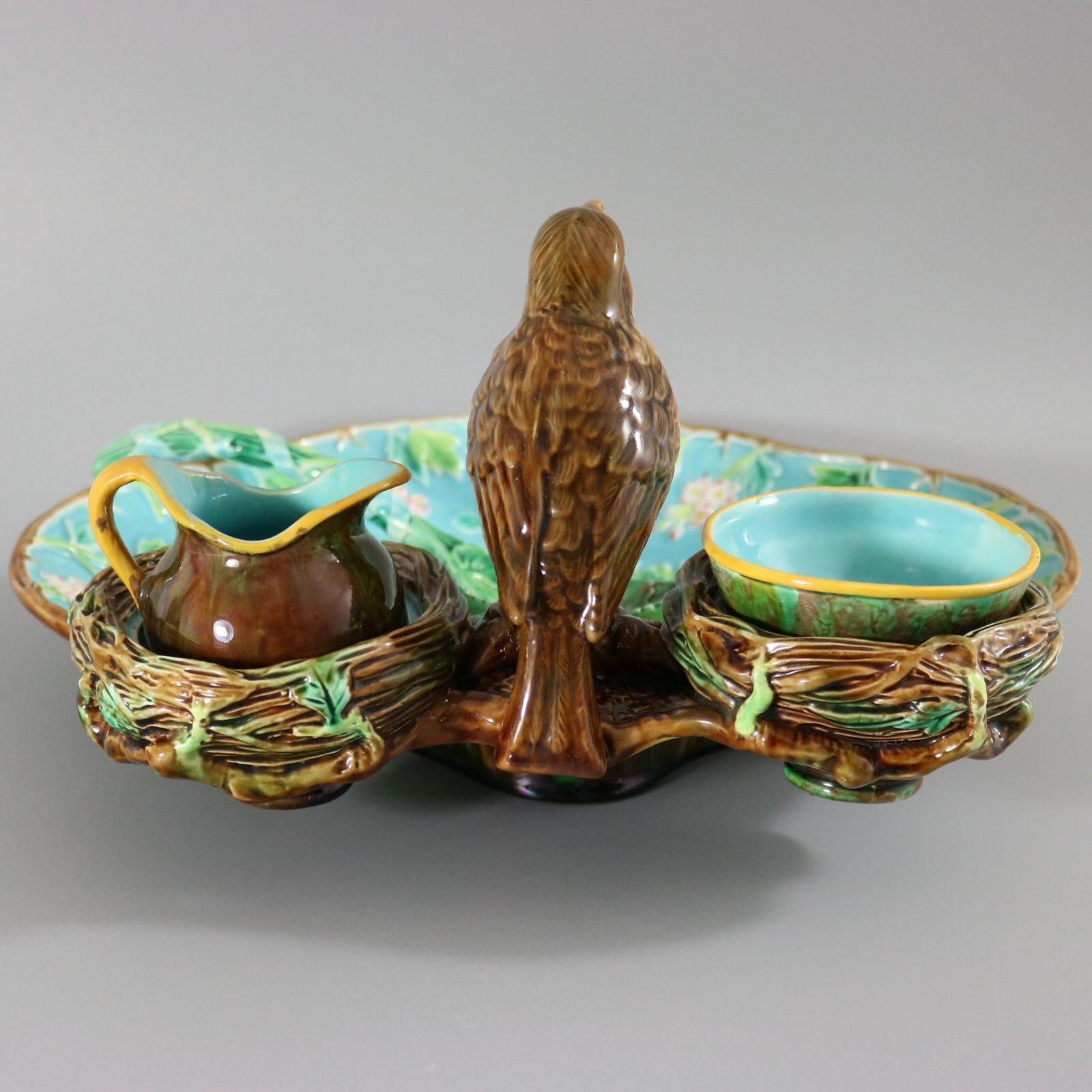 George Jones Majolica Strawberry Serving Set with Bird 1