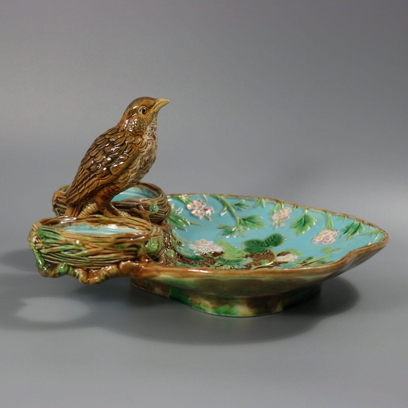 George Jones Majolica Strawberry Serving Set with Bird 2