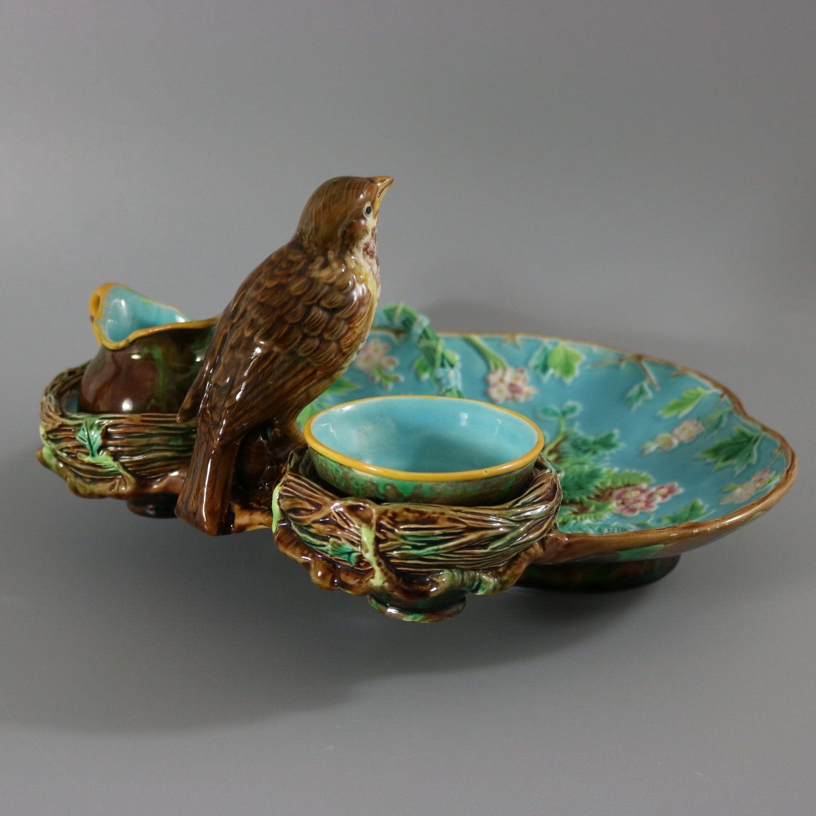 George Jones Majolica Strawberry Serving Set with Bird 2