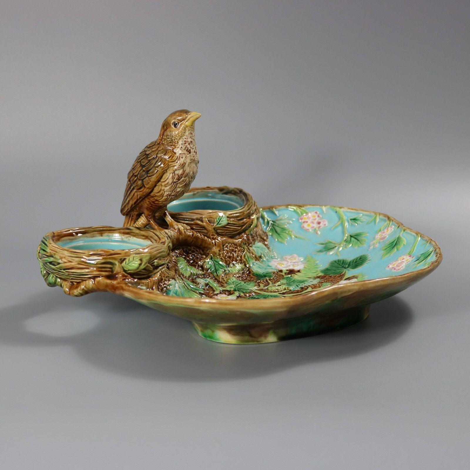 George Jones Majolica Strawberry Serving Set with Bird 3