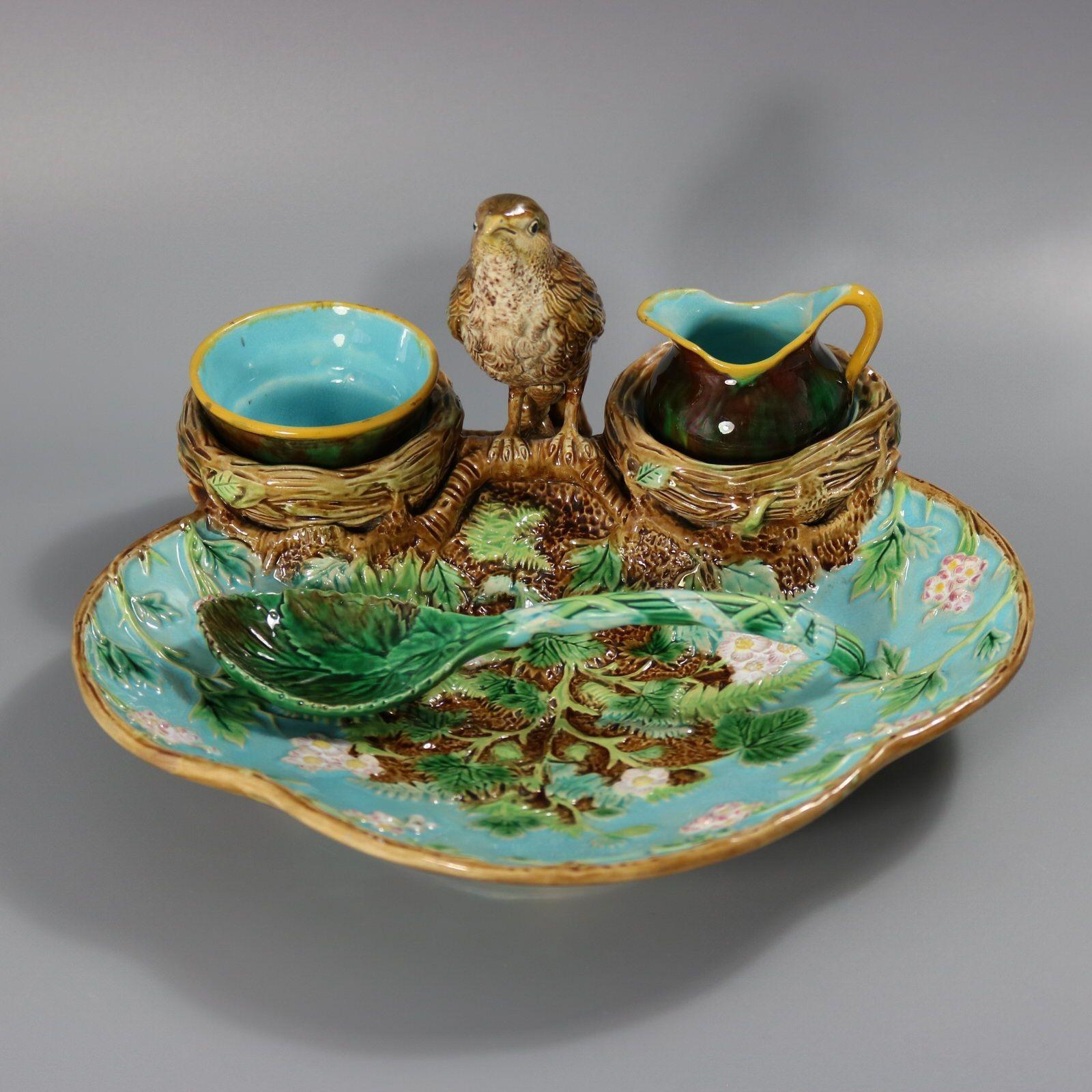 George Jones Majolica Strawberry Serving Set with Bird 4