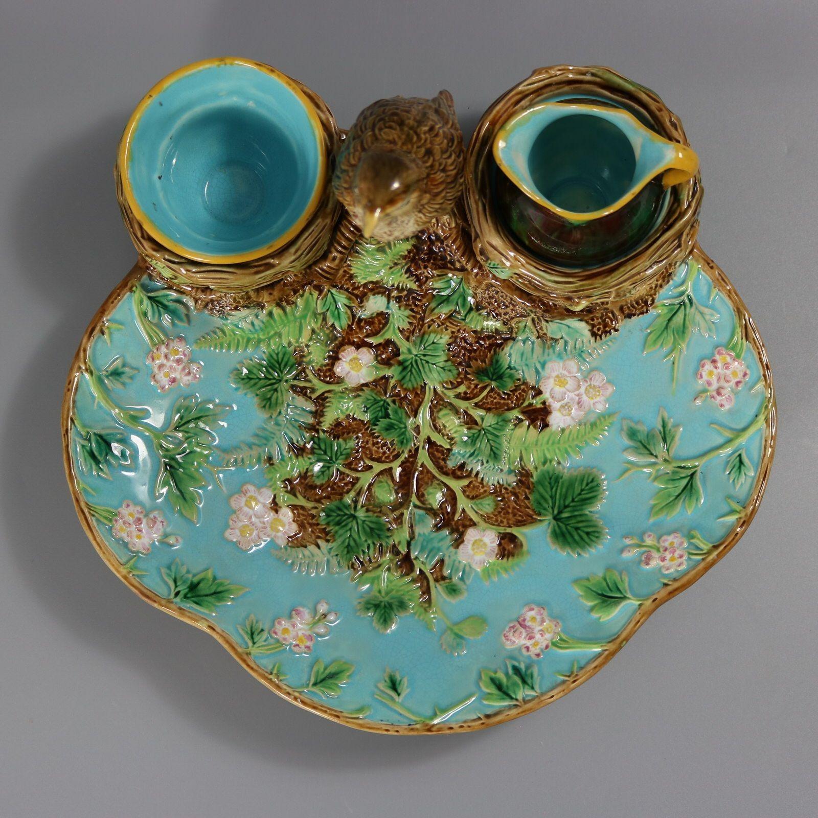 George Jones Majolica Strawberry Serving Set with Bird 5