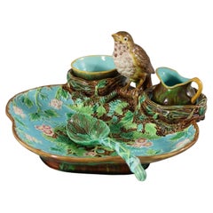 Antique George Jones Majolica Strawberry Serving Set with Bird