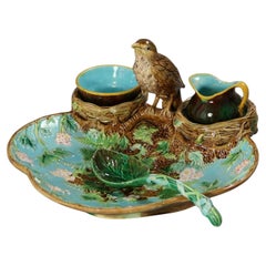 George Jones Majolica Strawberry Serving Set with Bird
