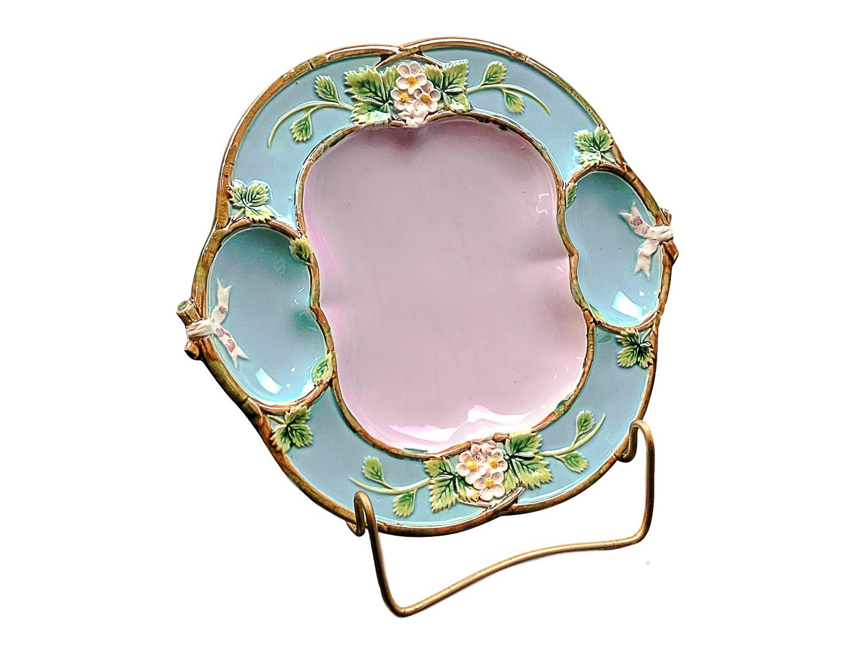 George Jones Majolica 'Strawberry Tray' with cream and sugar wells, English, British Registry mark to reverse for 29 April 1873, and black painted pattern number '3221P' which corresponds to 'Strawberry Tray, Pink Centre' in the George Jones