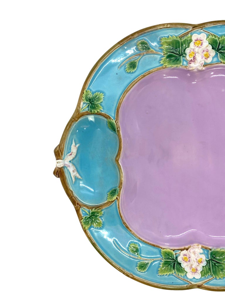 George Jones Majolica 'Strawberry Tray' with cream and sugar wells, English, British Registry mark to reverse for 29 April 1873, and black painted pattern number '3321P' which corresponds to 'Strawberry Tray, Pink Centre' in the George Jones