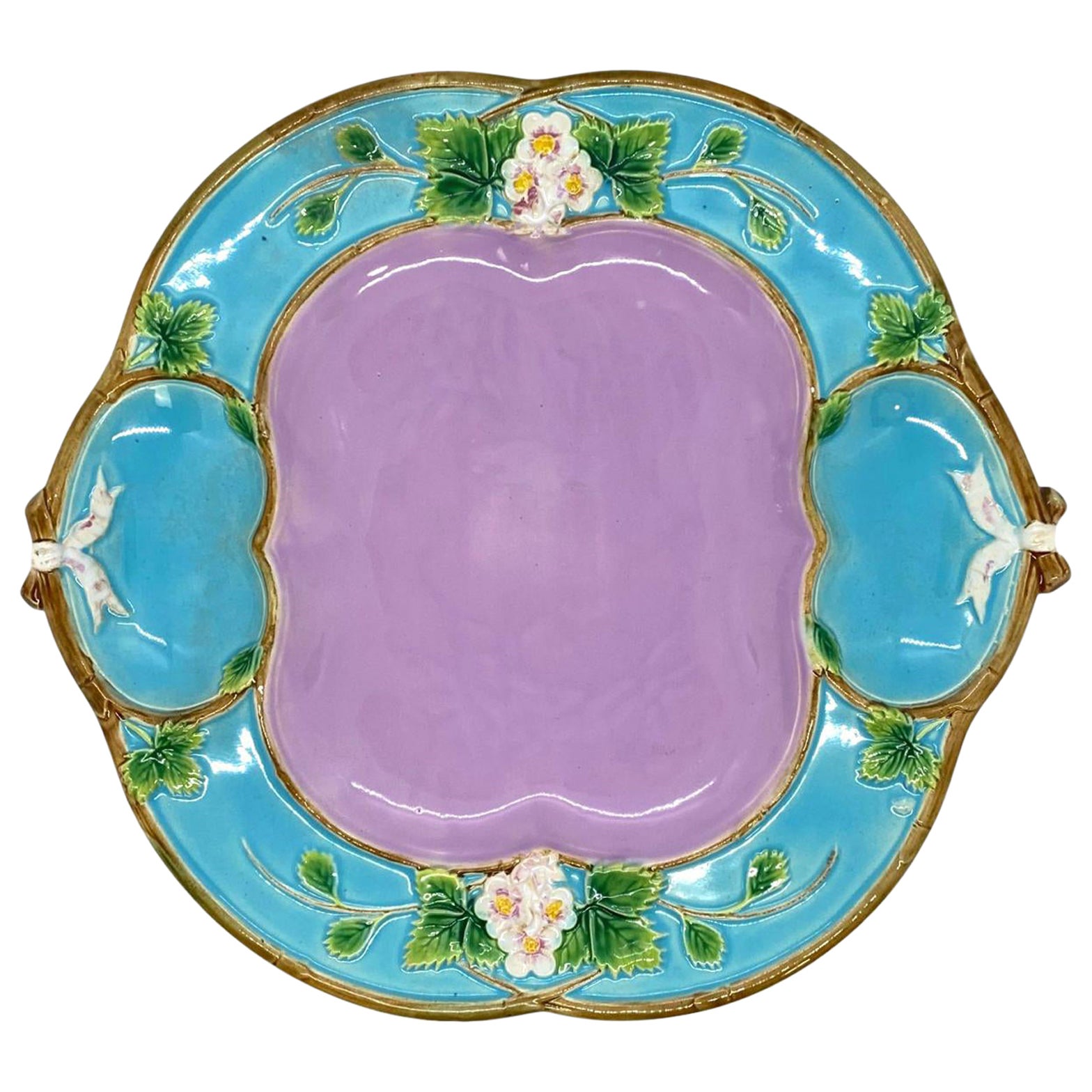 George Jones Majolica 
Strawberry Tray
 with Cream 
Sugar Wells, English, 1873