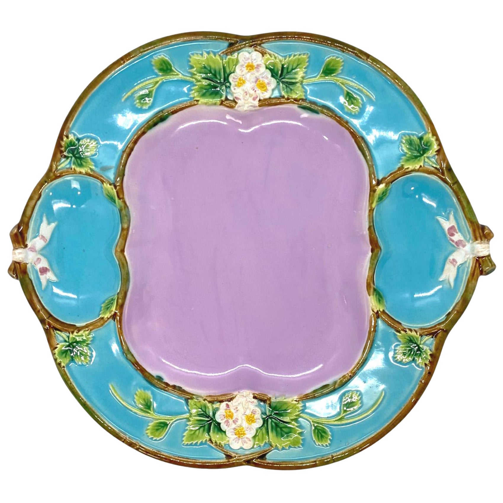 George Jones Majolica 
Strawberry Tray
 with Cream 
Sugar Wells, English, 1873