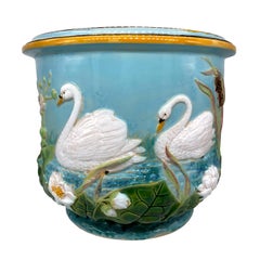 George Jones Majolica Swans Jardinière, Water Lilies, Cattails, English, c.1875