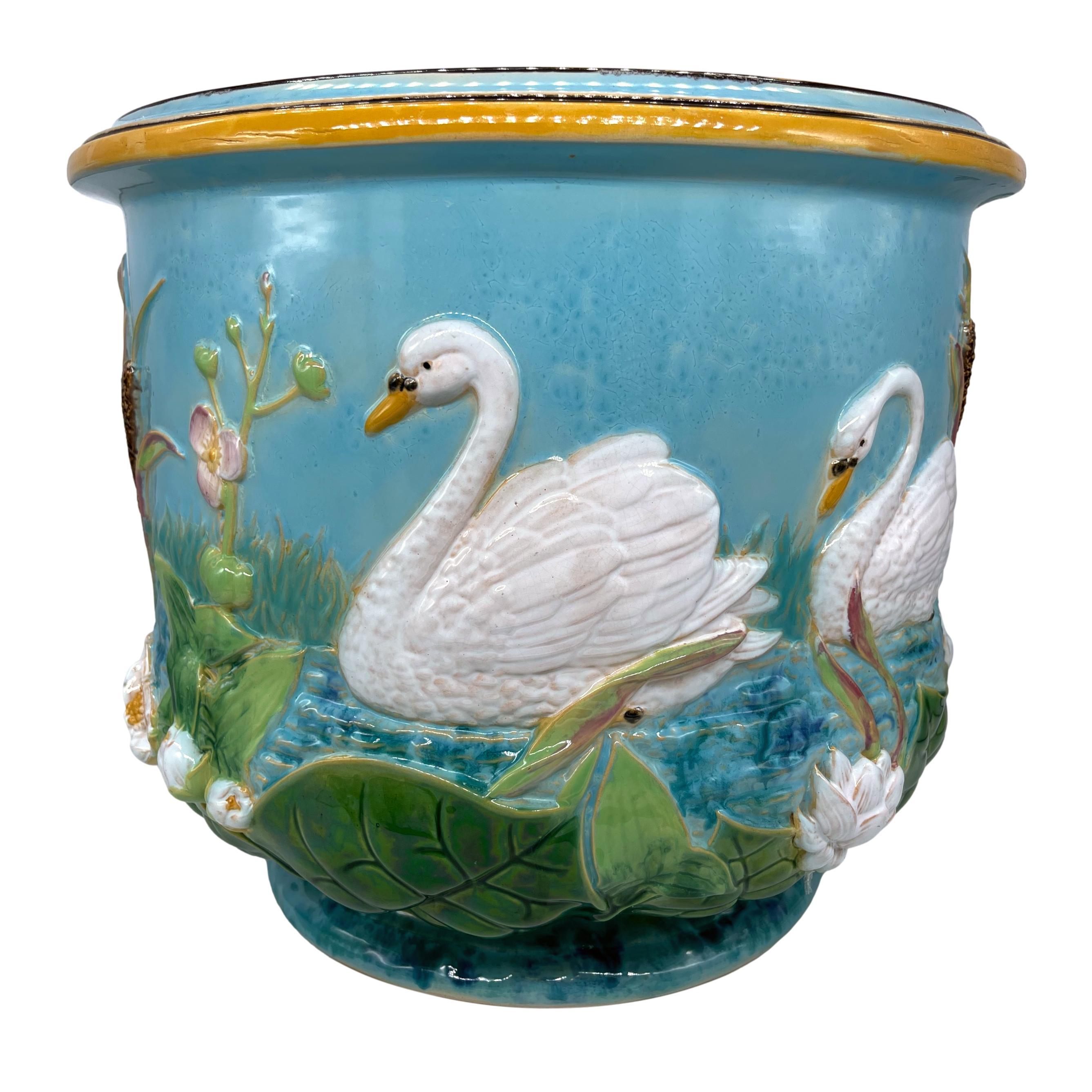 19th Century George Jones Majolica Swans Jardinière, Water Lilies, Cattails, English, c.1875