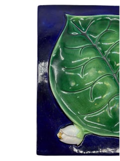 George Jones Majolica Trompe L'oeil Waterlily Tile, Cobalt Ground, ca. 1880