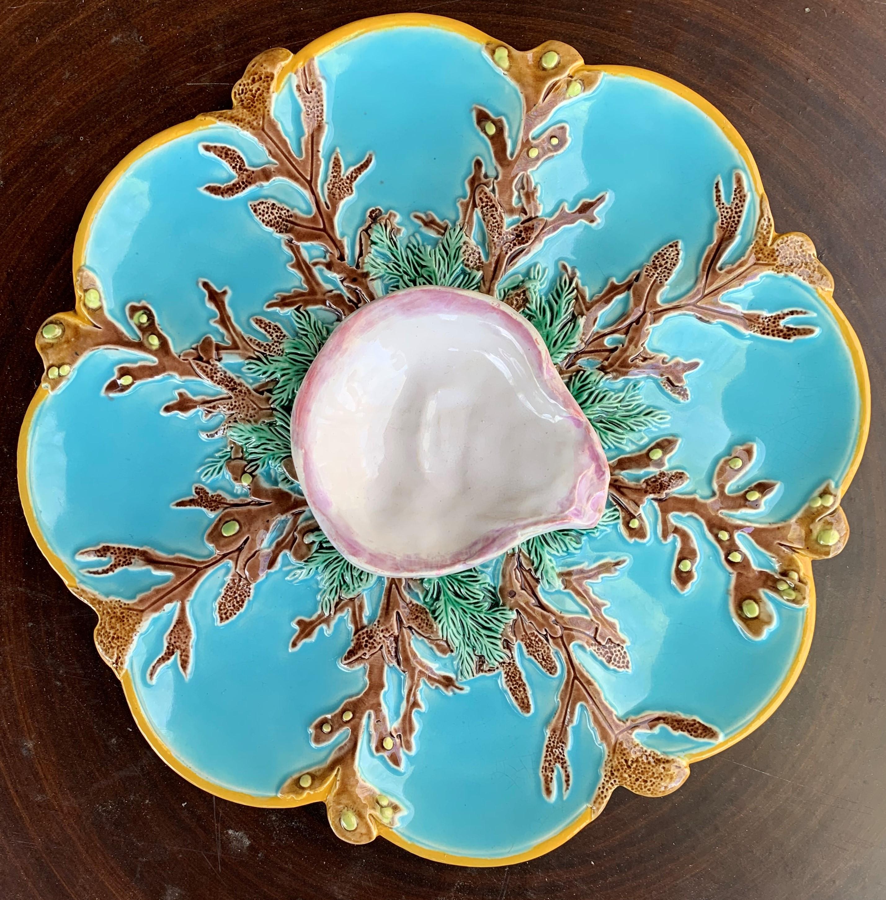Victorian George Jones Majolica Turquoise Eight Well Oyster Plate, English, circa 1874