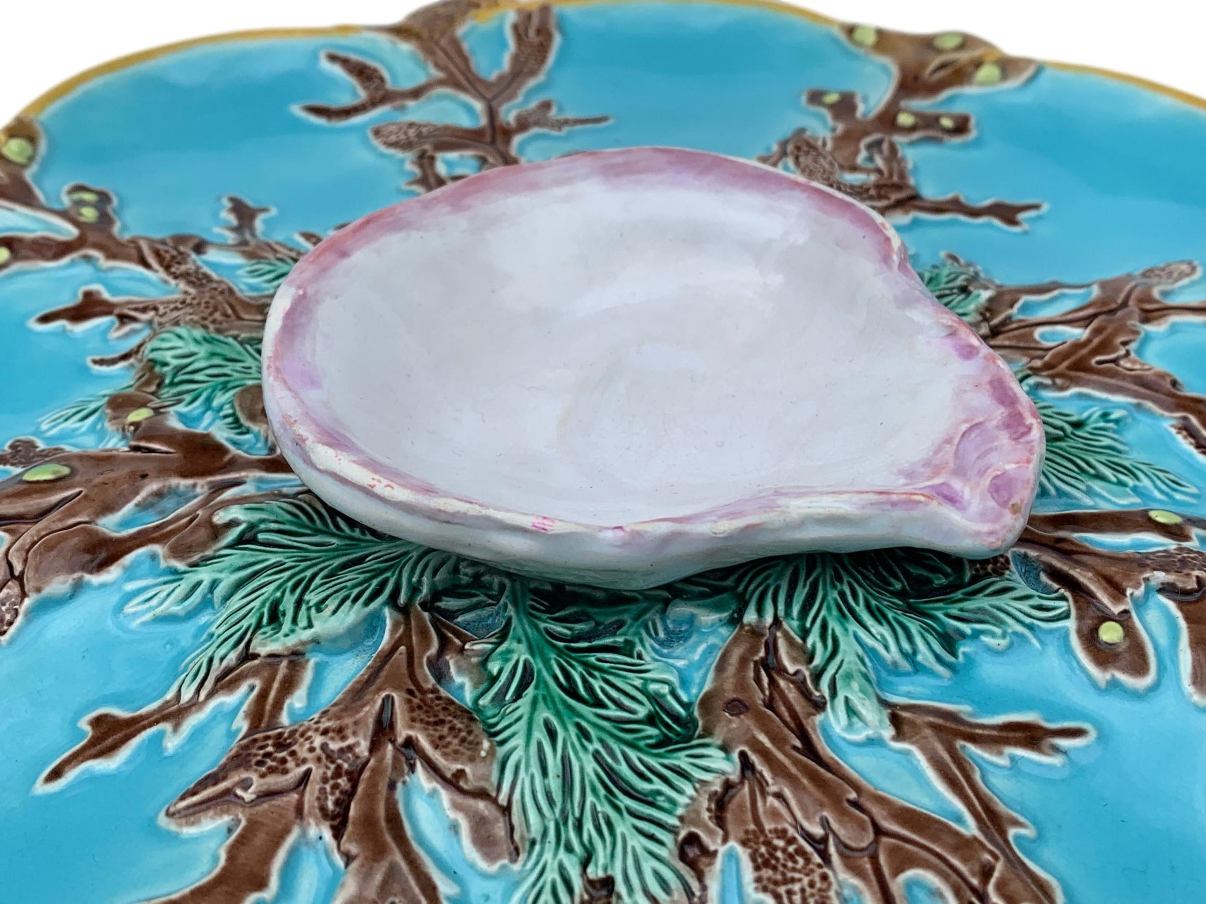 George Jones Majolica Turquoise Eight Well Oyster Plate, English, circa 1874 In Good Condition In Banner Elk, NC