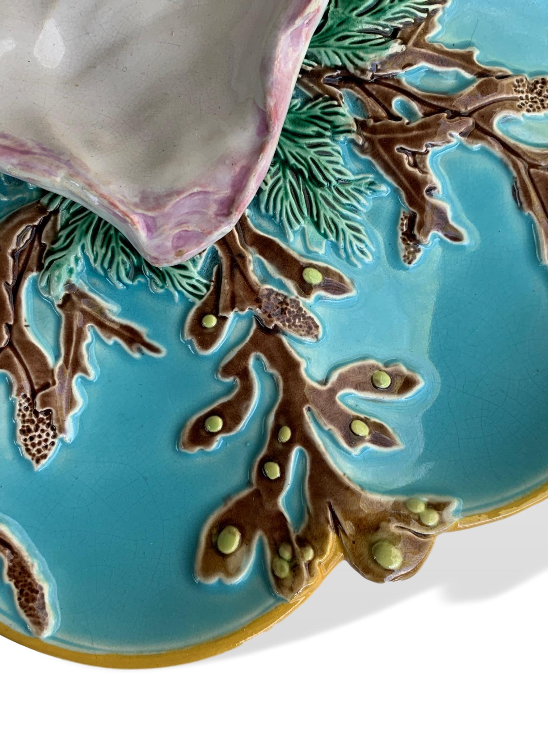 Late 19th Century George Jones Majolica Turquoise Eight Well Oyster Plate, English, circa 1874