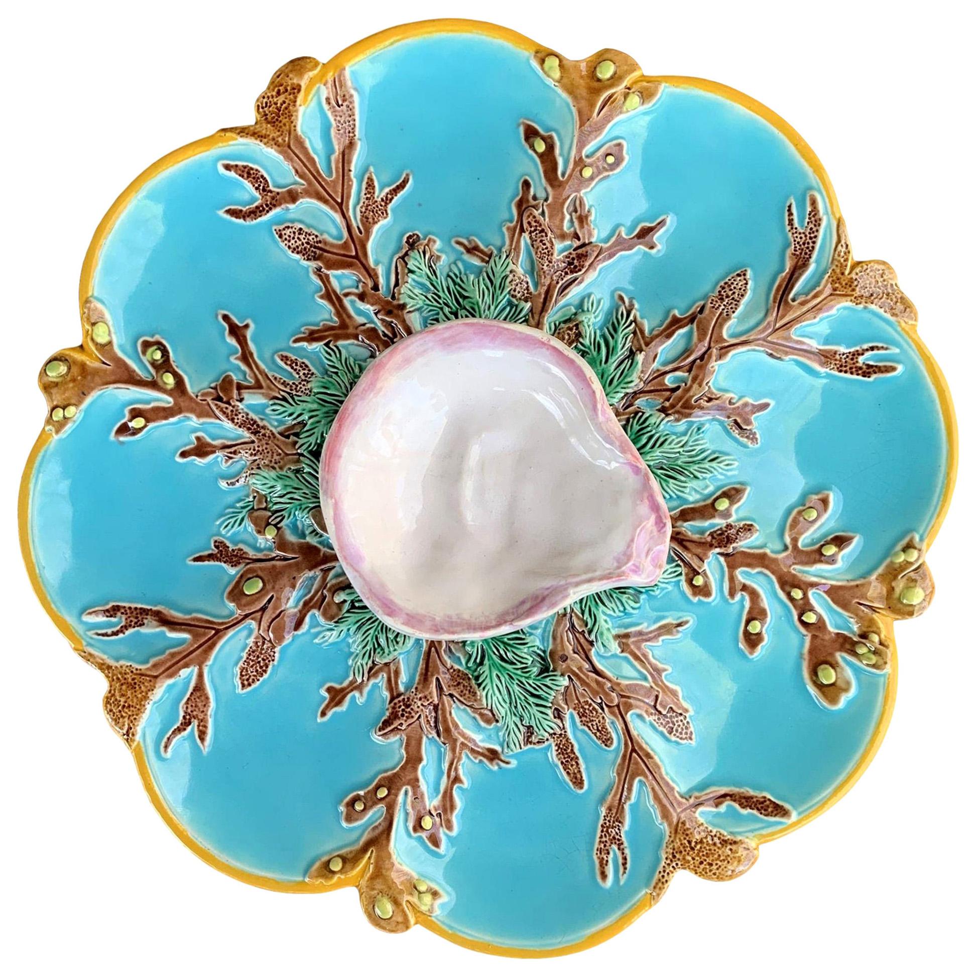 George Jones Majolica Turquoise Eight Well Oyster Plate, English, circa 1874