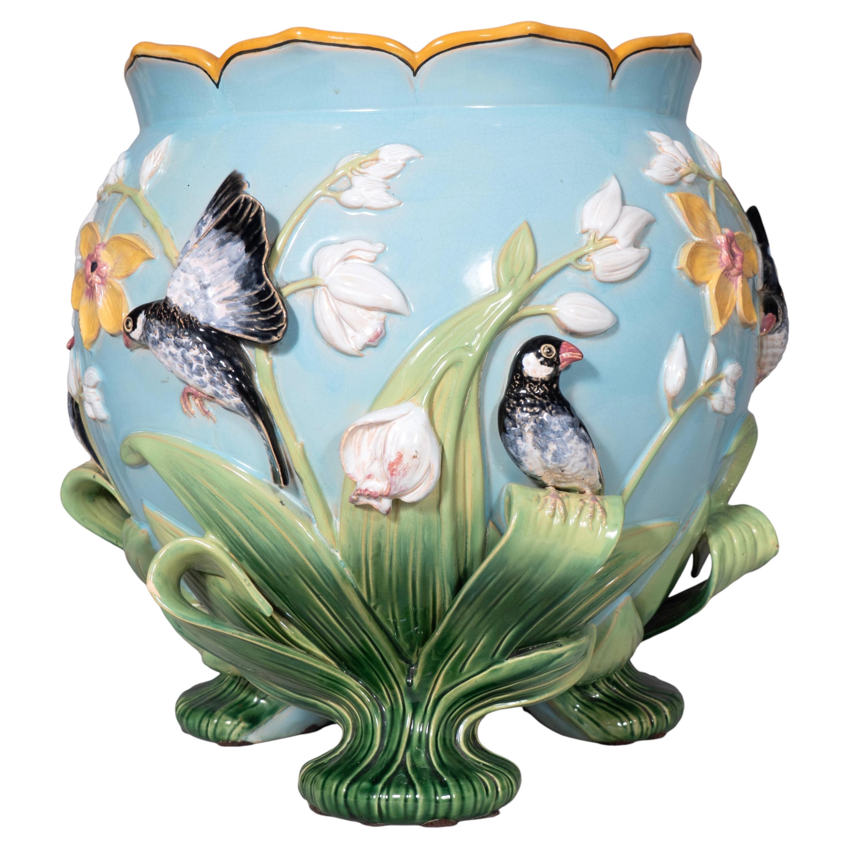 George Jones Majolica Turquoise Ground Jardiniere For Sale
