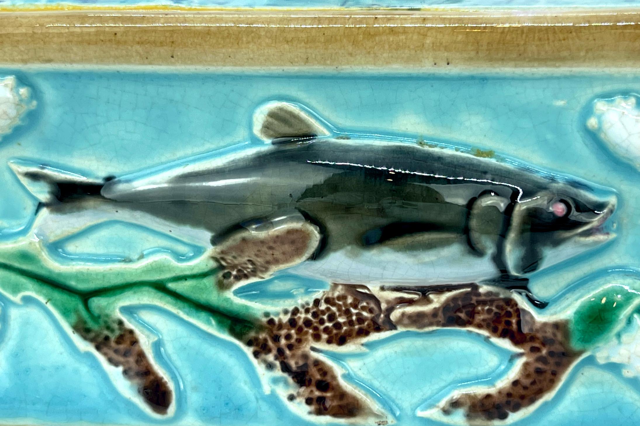 George Jones Majolica Turquoise Sardine Box, Duck and Fish, English, ca. 1874 4