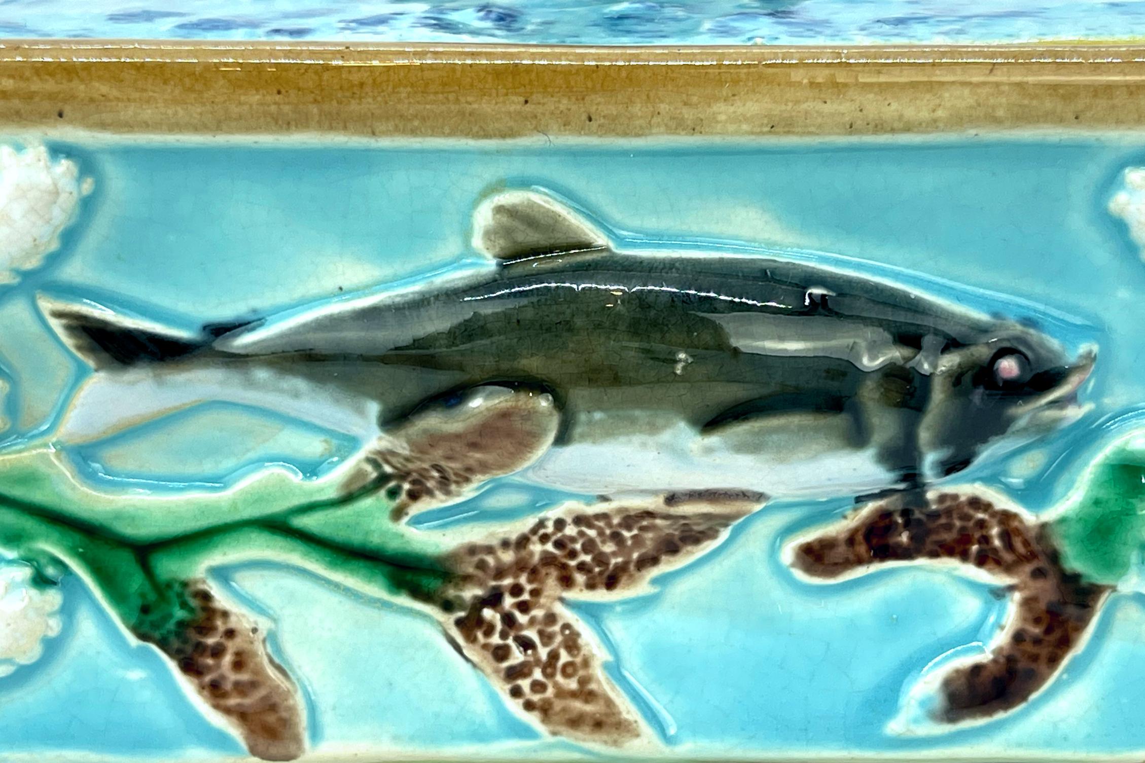 George Jones Majolica Turquoise Sardine Box, Duck and Fish, English, ca. 1874 5