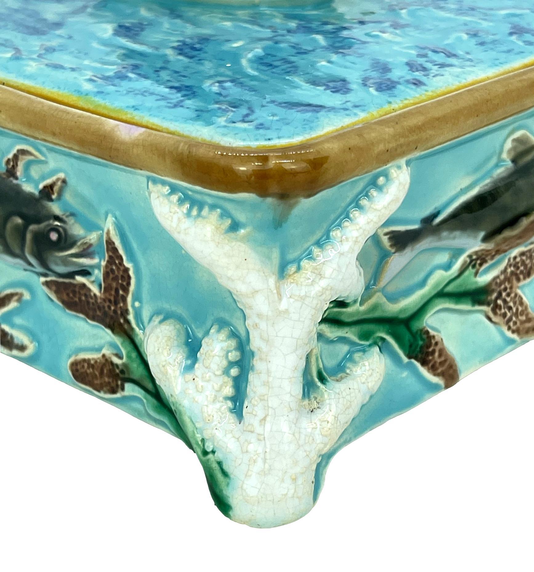 George Jones Majolica Turquoise Sardine Box, Duck and Fish, English, ca. 1874 6