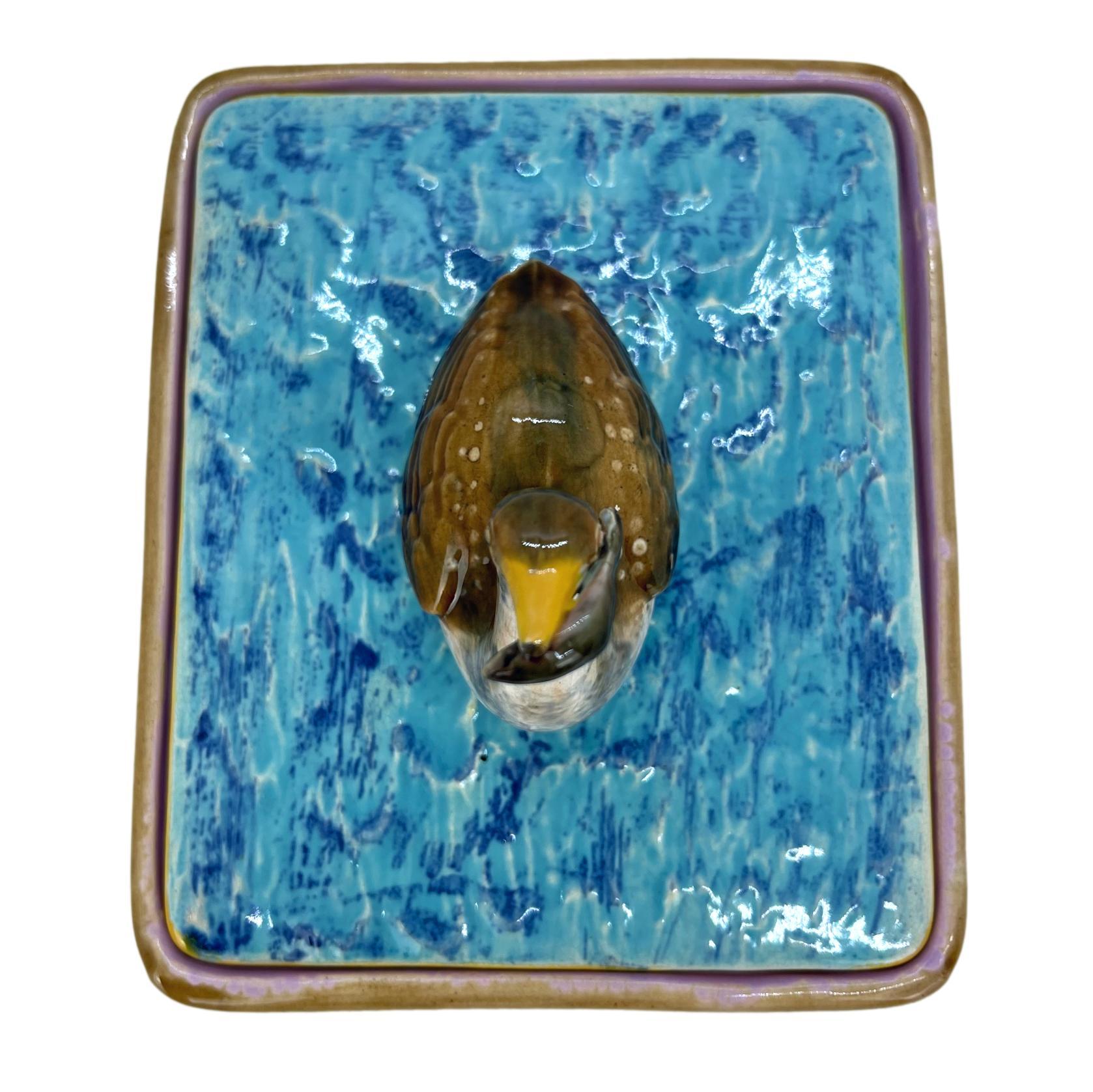 George Jones Majolica Turquoise Sardine Box, Duck and Fish, English, ca. 1874 7
