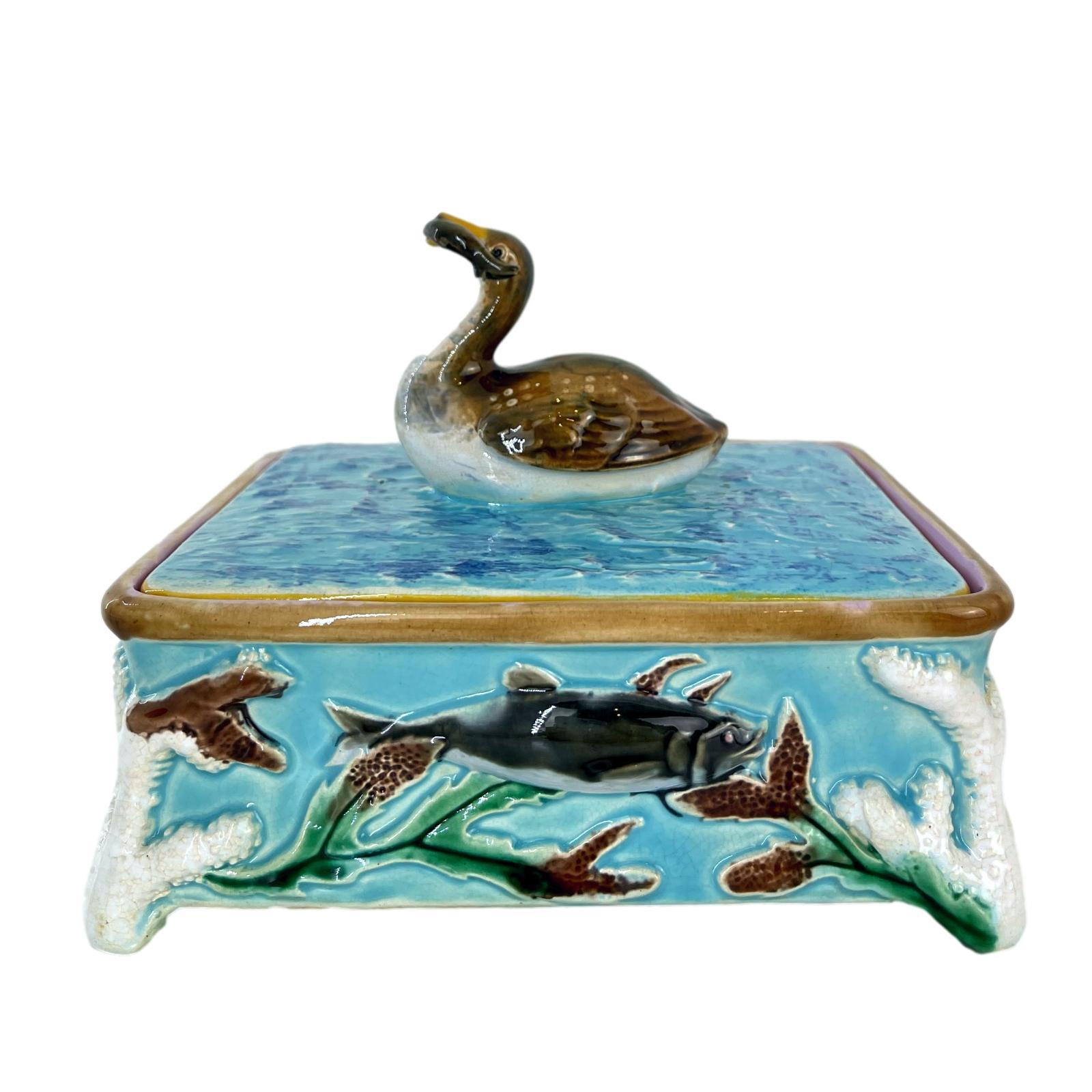 Victorian George Jones Majolica Turquoise Sardine Box, Duck and Fish, English, ca. 1874