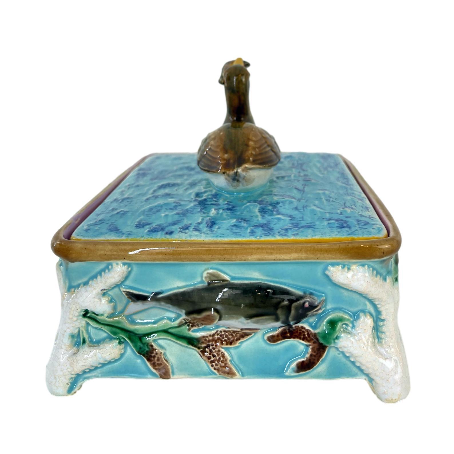 Molded George Jones Majolica Turquoise Sardine Box, Duck and Fish, English, ca. 1874