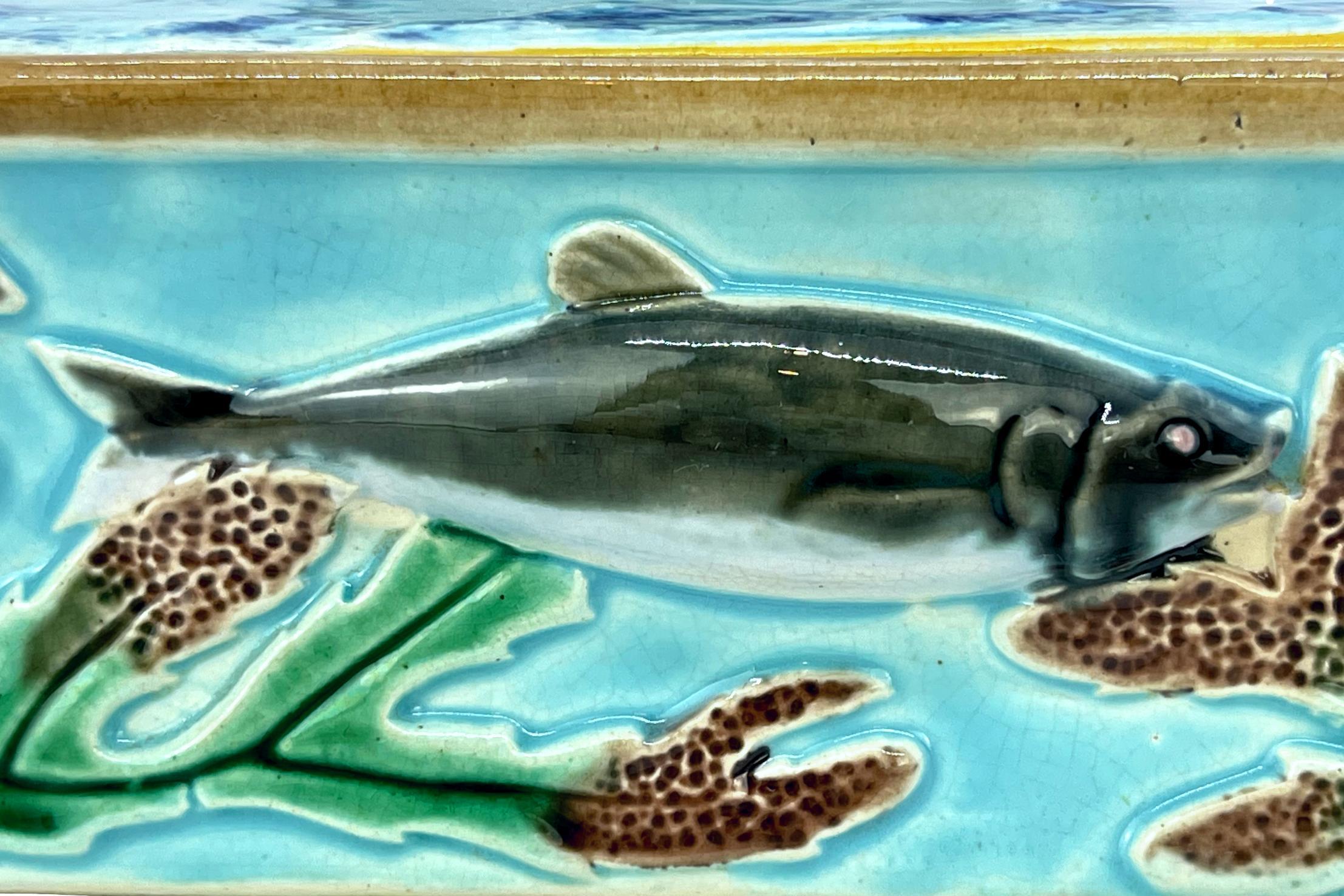 George Jones Majolica Turquoise Sardine Box, Duck and Fish, English, ca. 1874 2