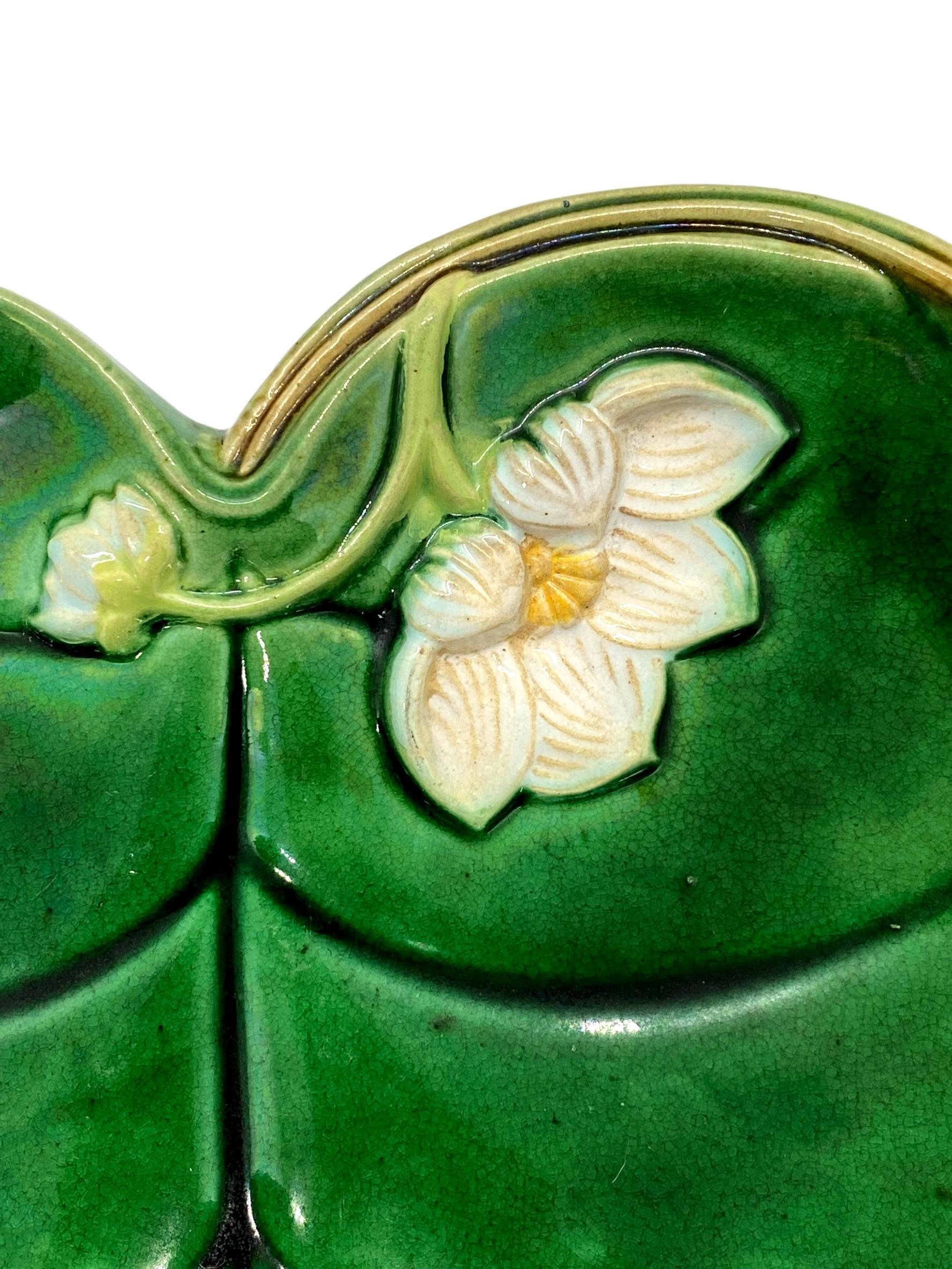 Victorian George Jones Majolica Water Lily Pad Footed Comport, Lush Greens, English, 1877