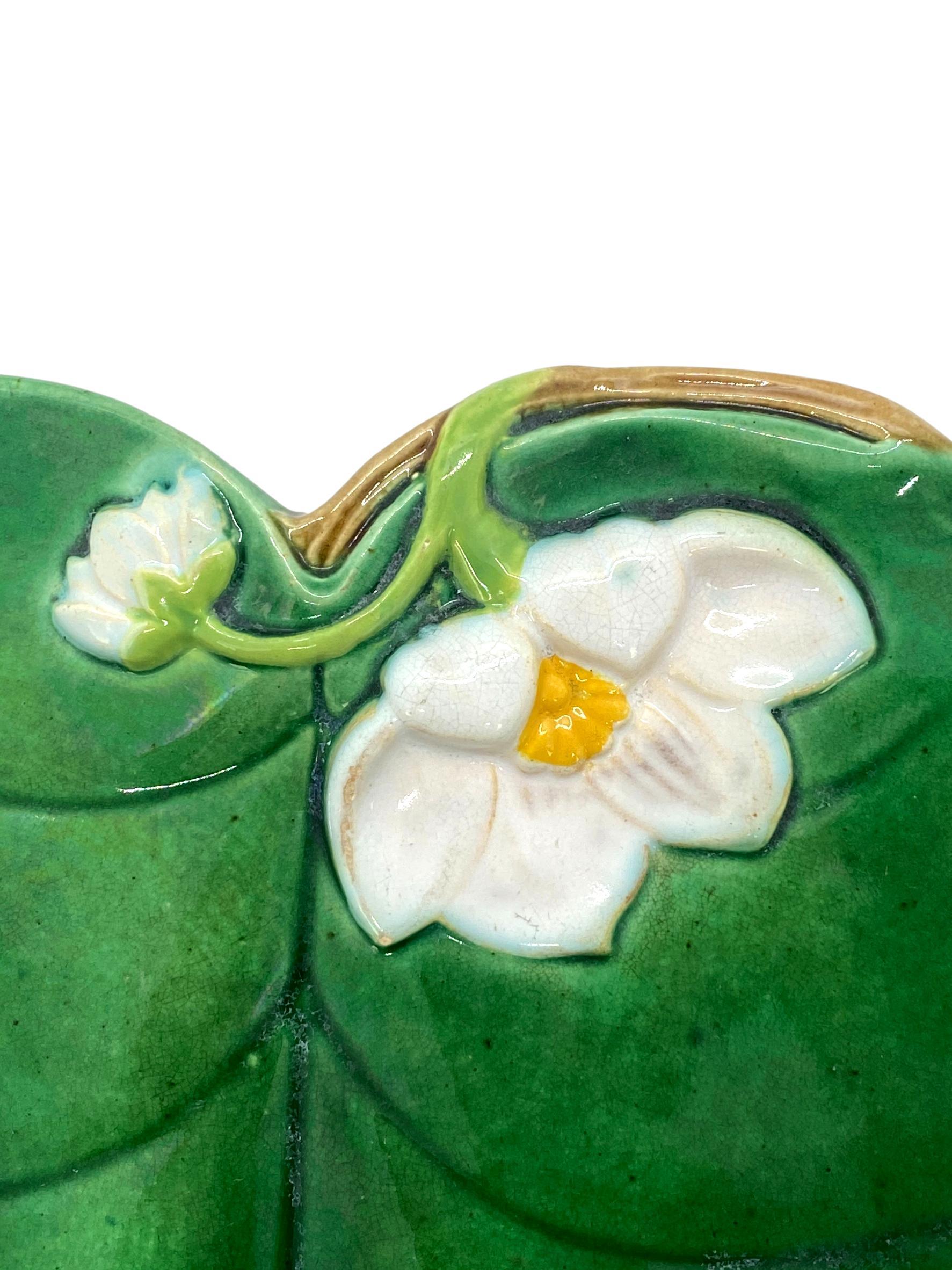 Late 19th Century George Jones Majolica Water Lily Plate in Lush Shades of Green, English, 1877