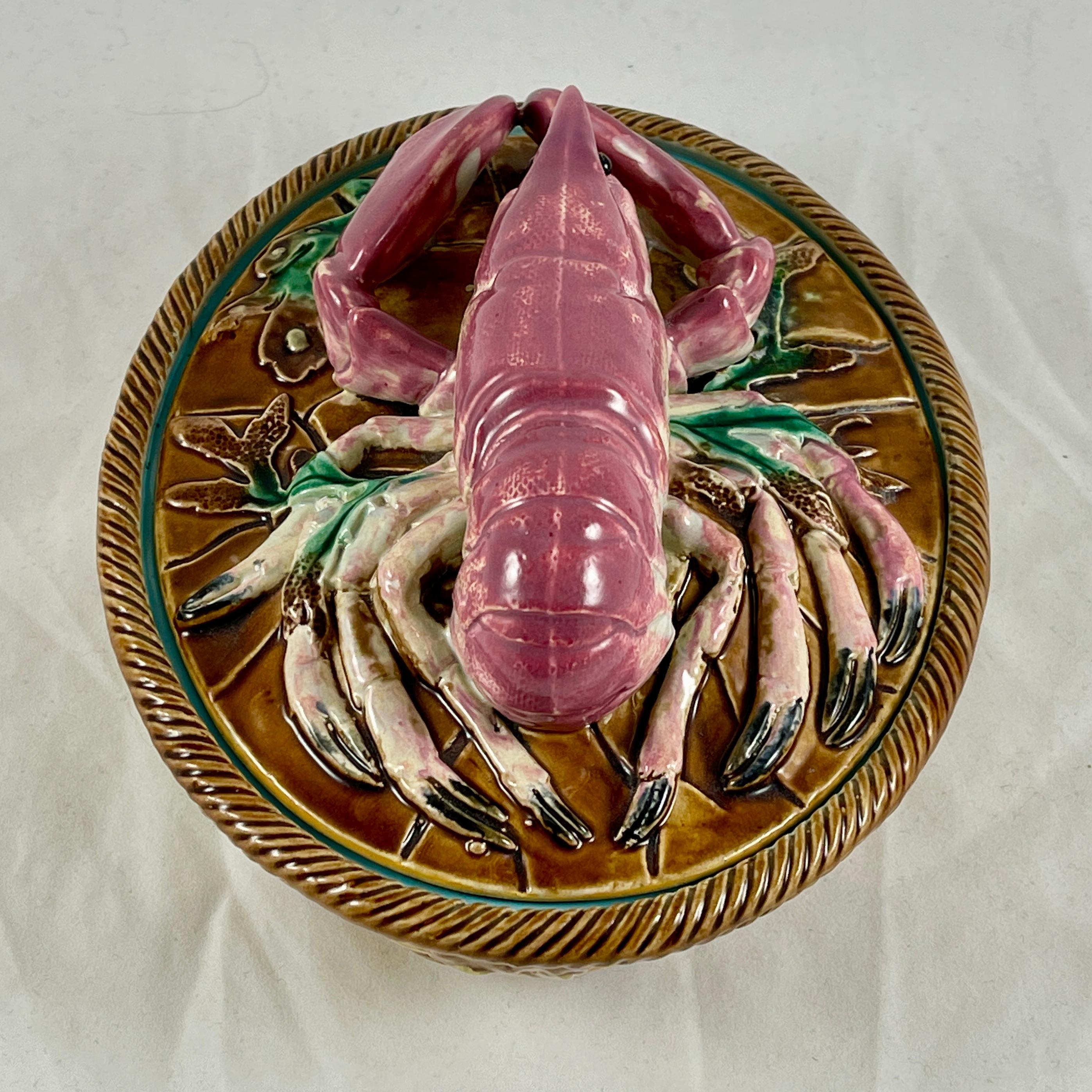 Earthenware George Jones Palissy English Majolica Lobster Pâté Basketweave Covered Tureen For Sale