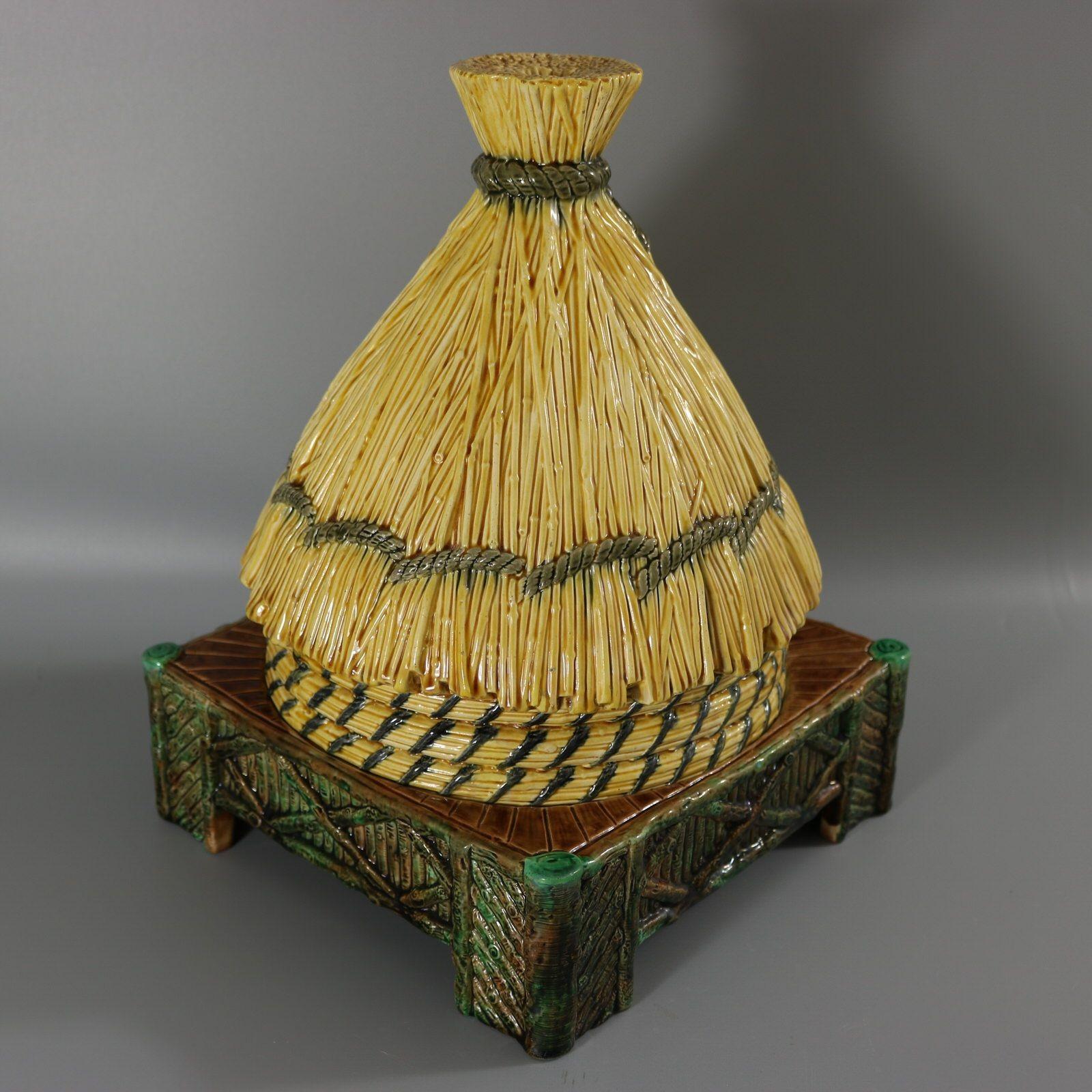 Majolica George Jones Thatched Beehive Cheese Keeper For Sale