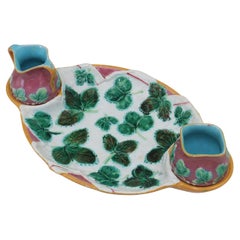Antique George Jones three piece majolica strawberry set