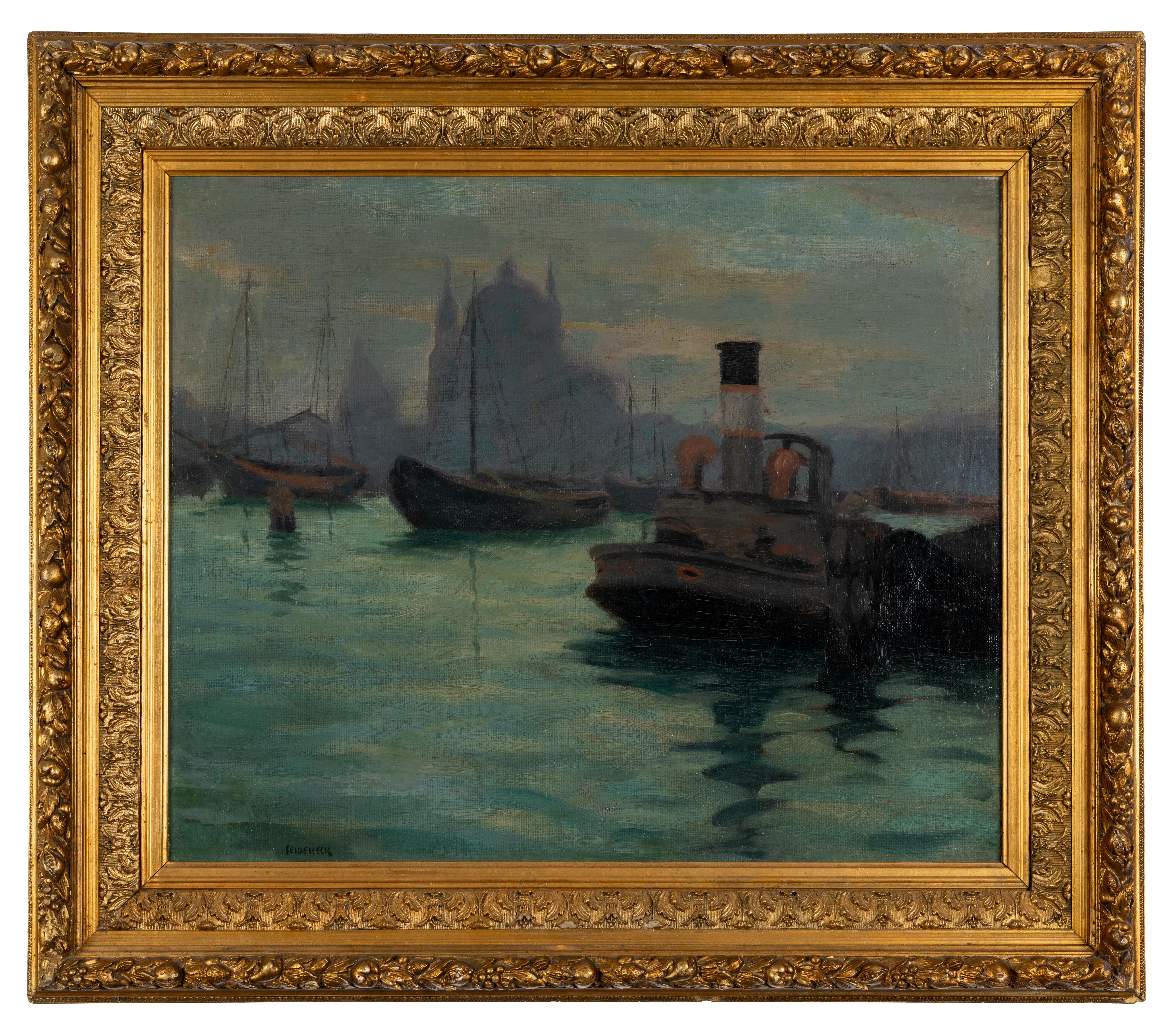 George Joseph Seideneck Landscape Painting - Tugboats in the Harbor