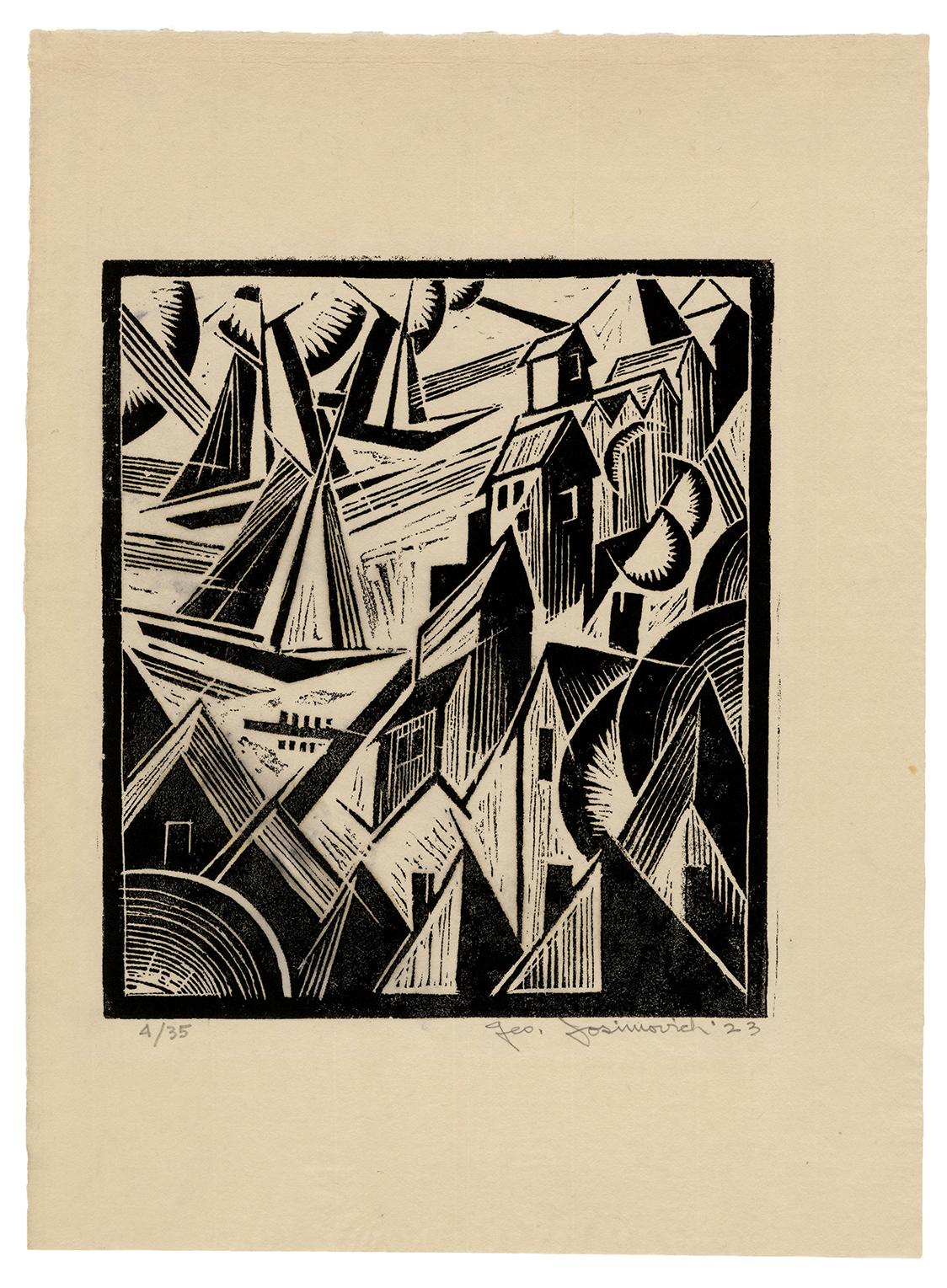 Port avec voiliers Modernisme du début du XXe siècle - Print de George Josimovich