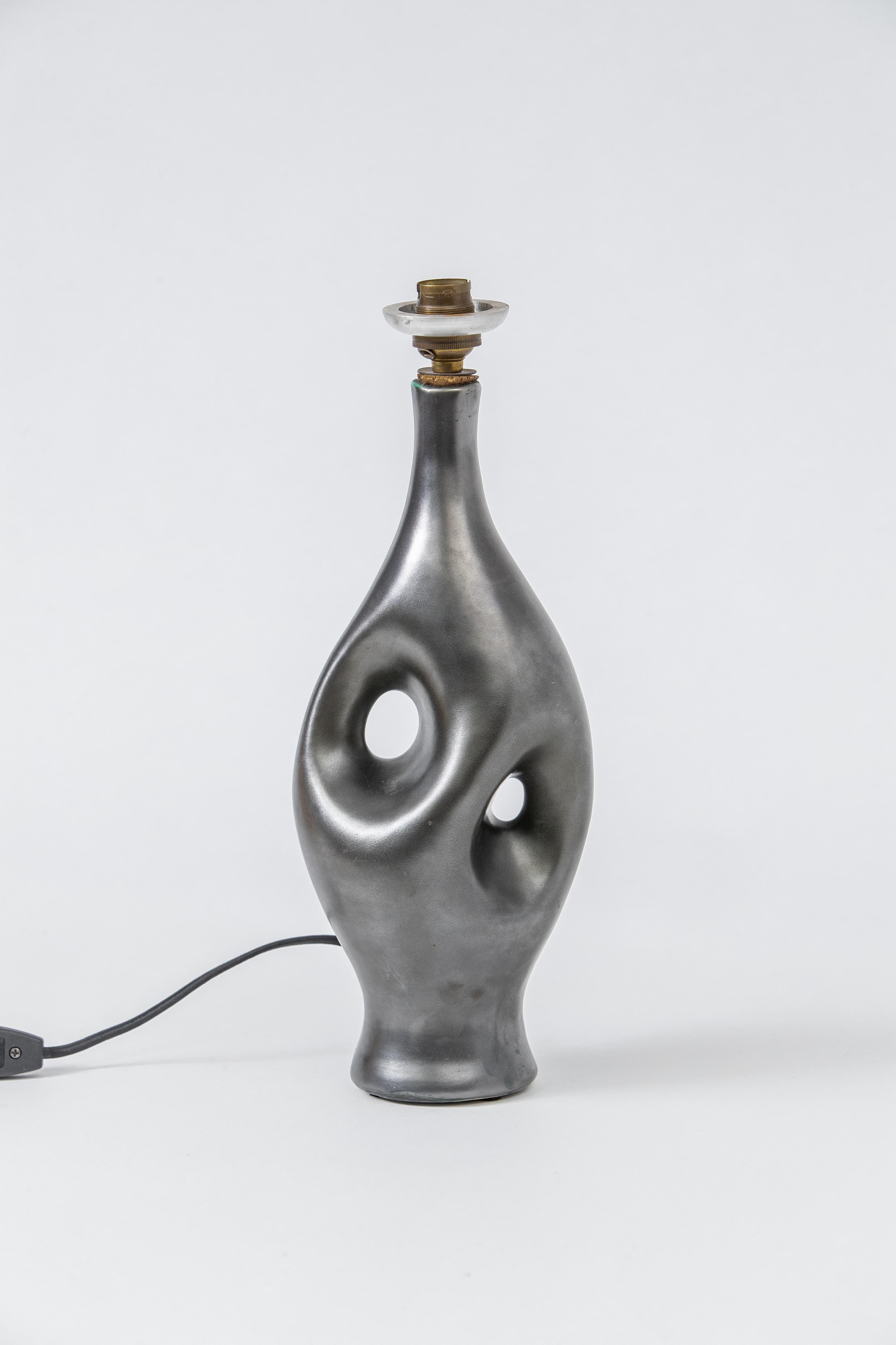 French George Jouve Style Biormorphic Lamp in Grey Metallic Glaze, France 1950s