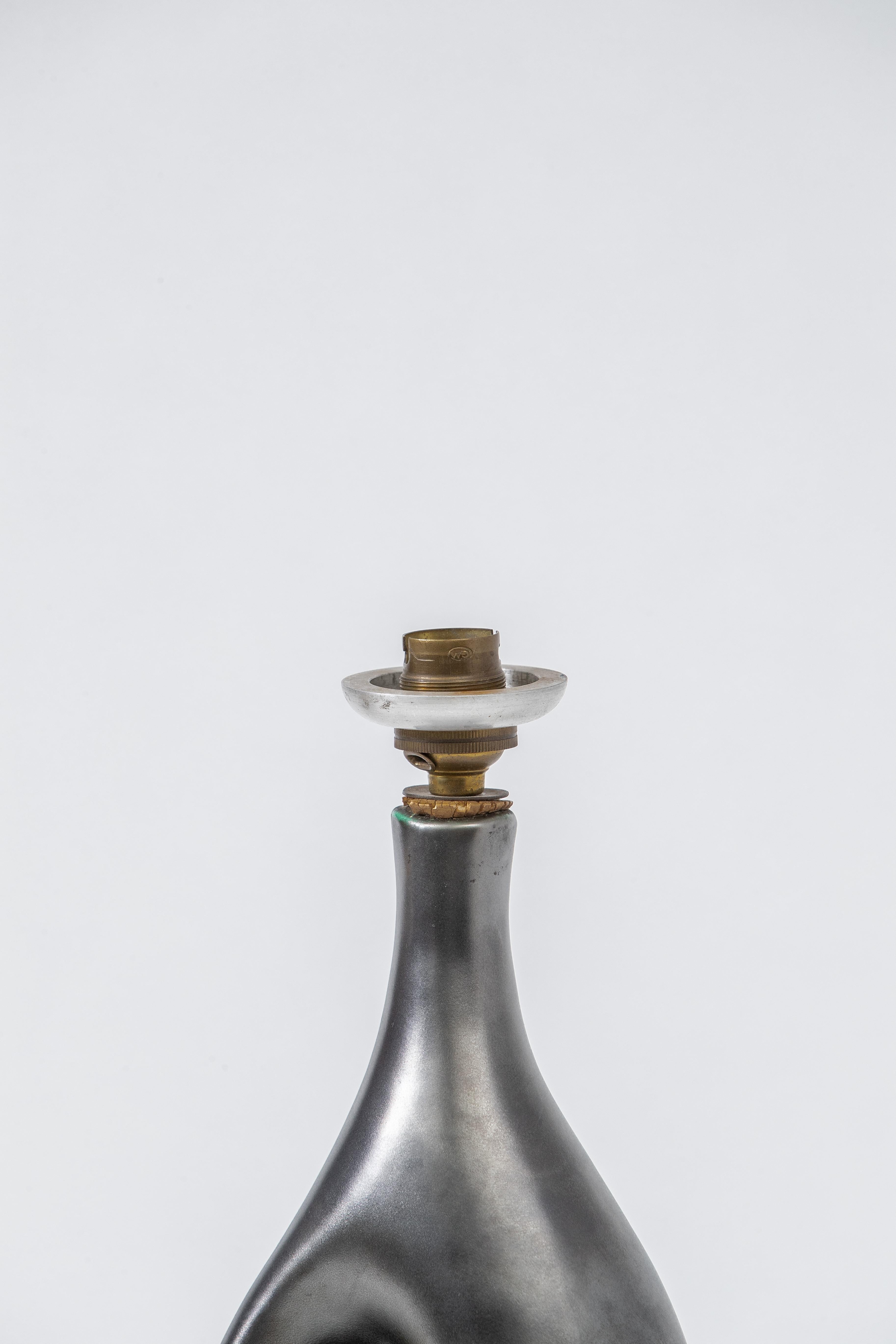 Glazed George Jouve Style Biormorphic Lamp in Grey Metallic Glaze, France 1950s