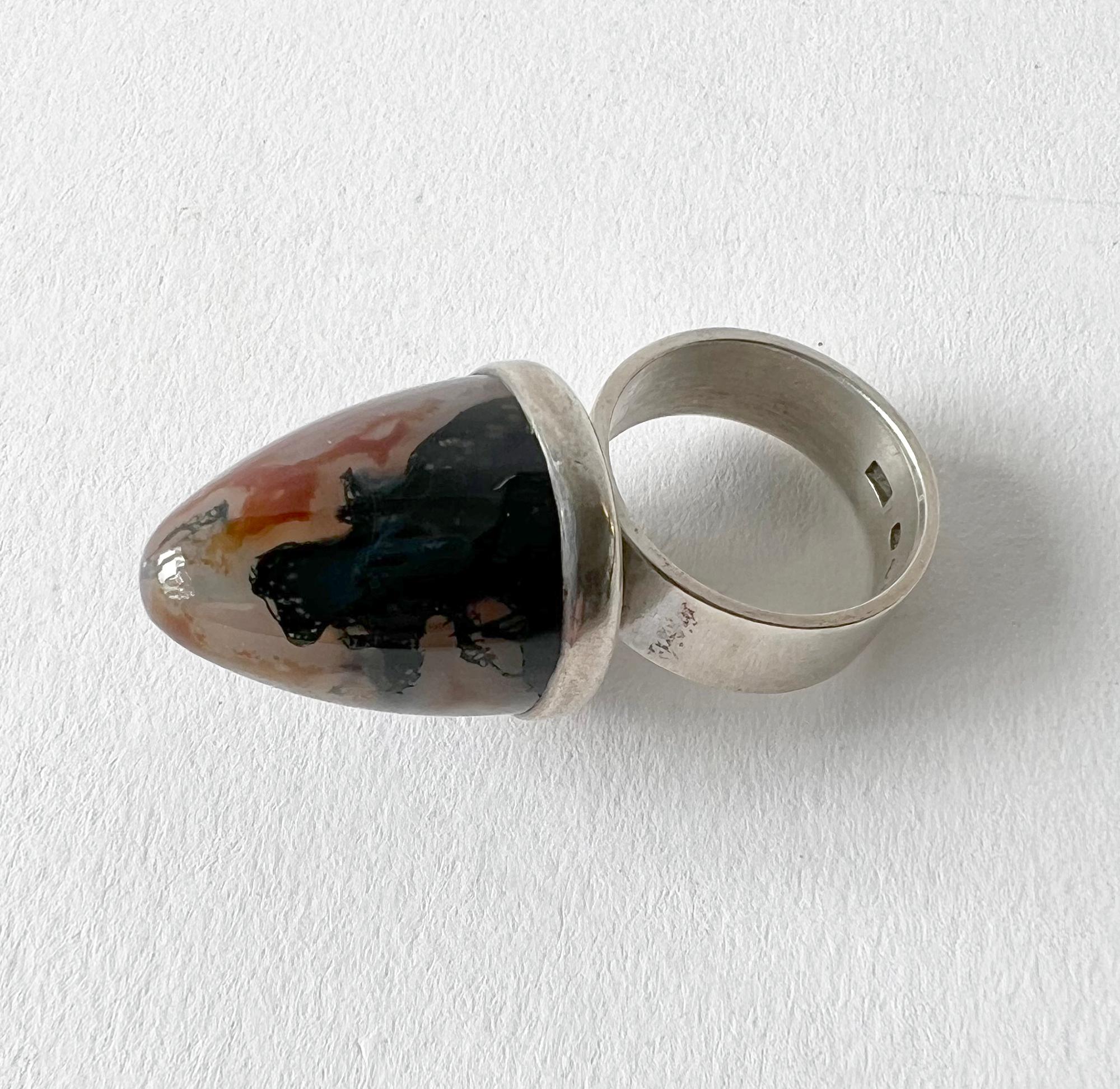 Sterling silver ring with a magnificent, high domed moss agate created by George Kaplan for Ge-Kå, Stockholm, 1965.  Ring is a finger size 6.5 to 7 and is signed with Swedish hallmarks.  In very good vintage 1960s condition. 