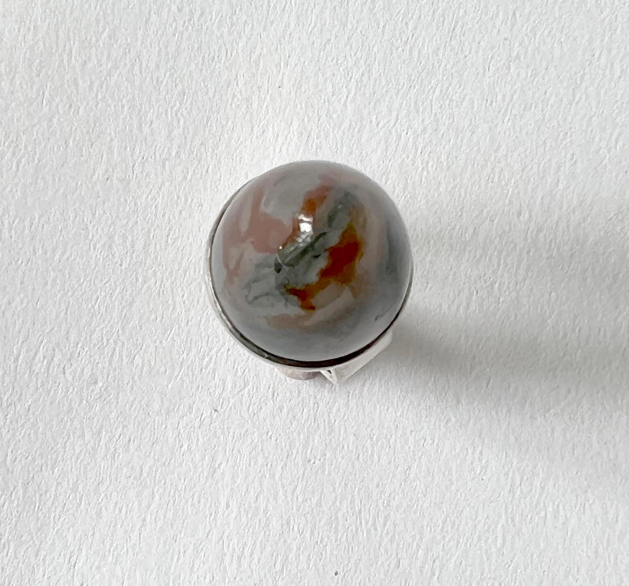 George Kaplan Ge-Kå Swedish Modernist High Domed Moss Agate Sterling Silver Ring In Good Condition For Sale In Los Angeles, CA