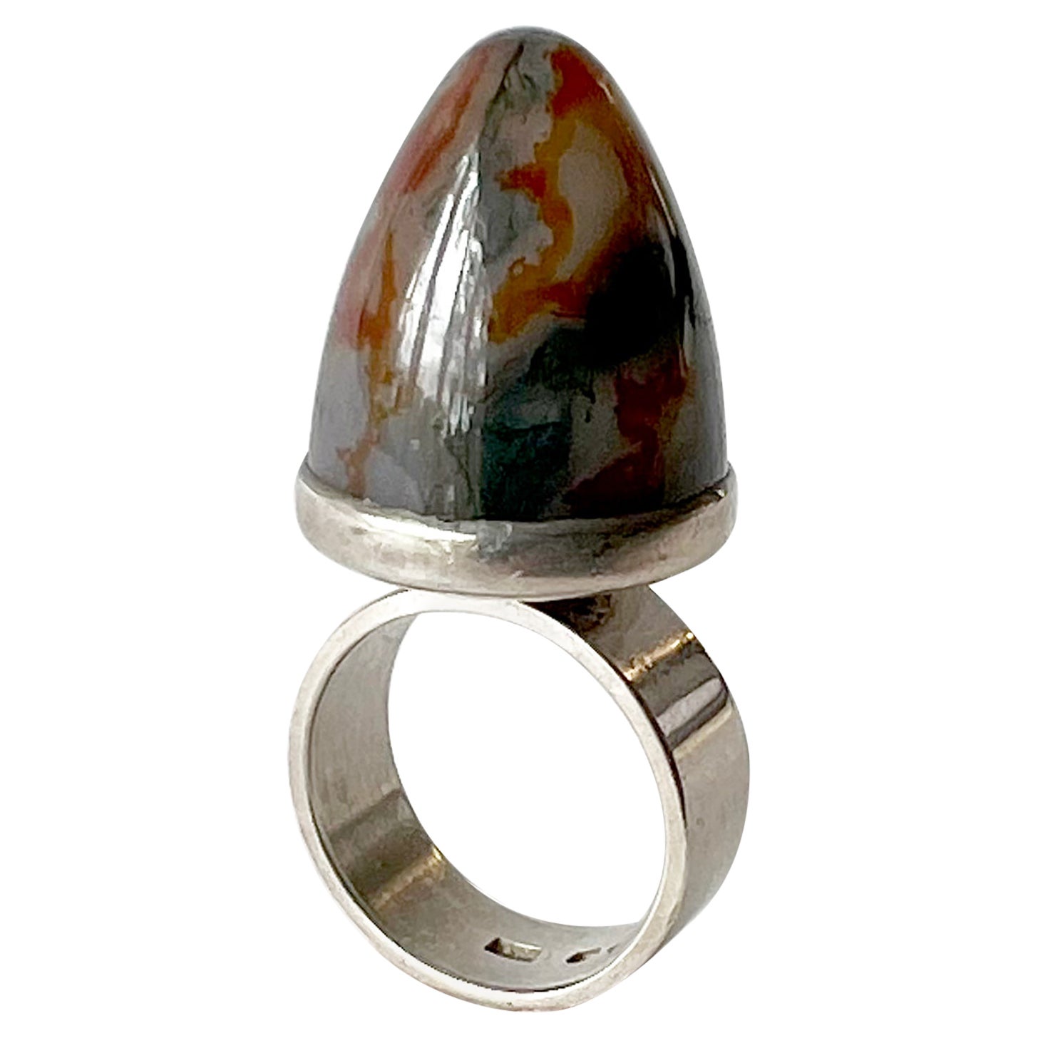 George Kaplan Ge-Kå Swedish Modernist High Domed Moss Agate Sterling Silver Ring For Sale