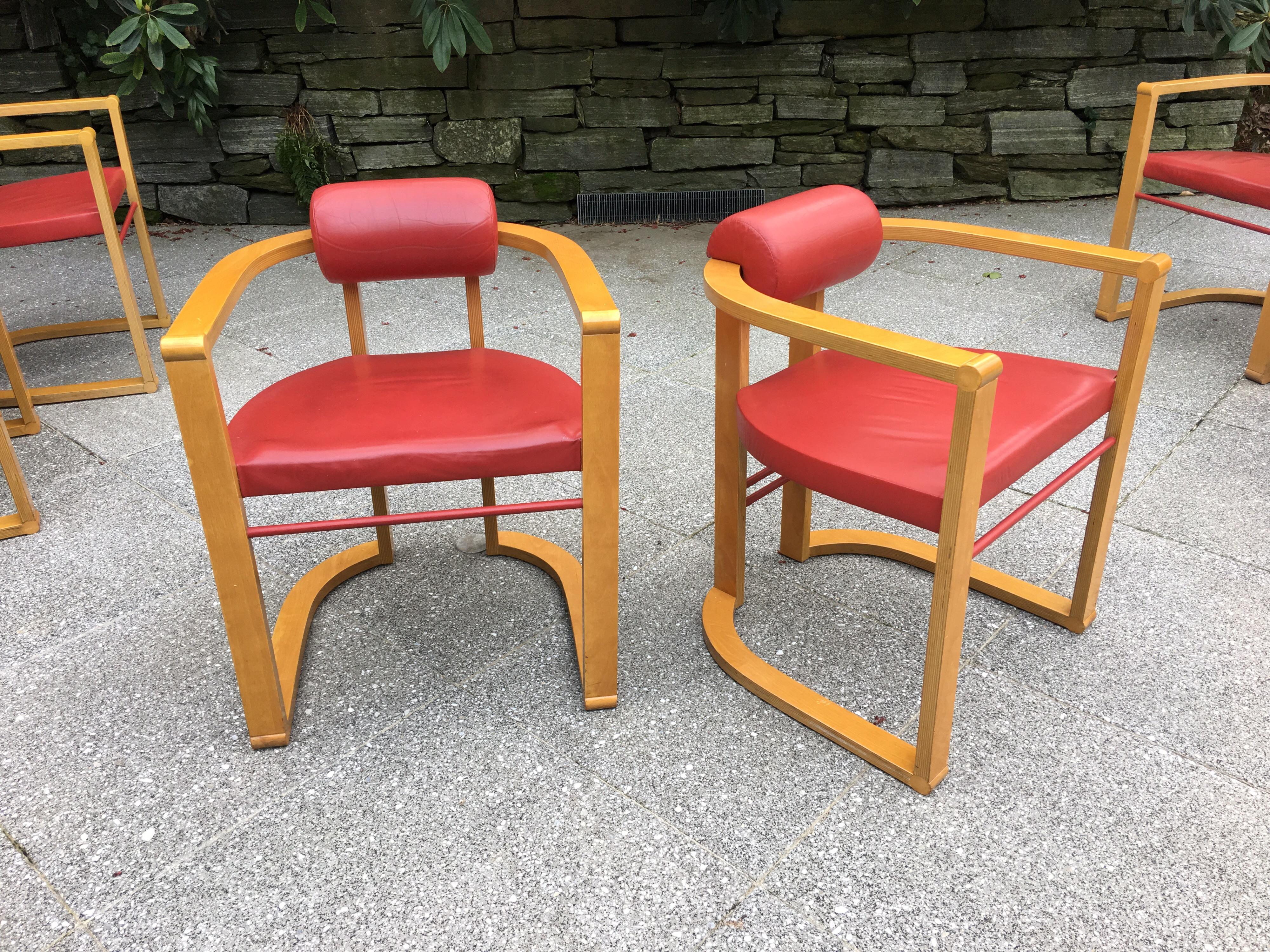Modern George Kasparian Set of 6 Dining Chairs in Red Leather