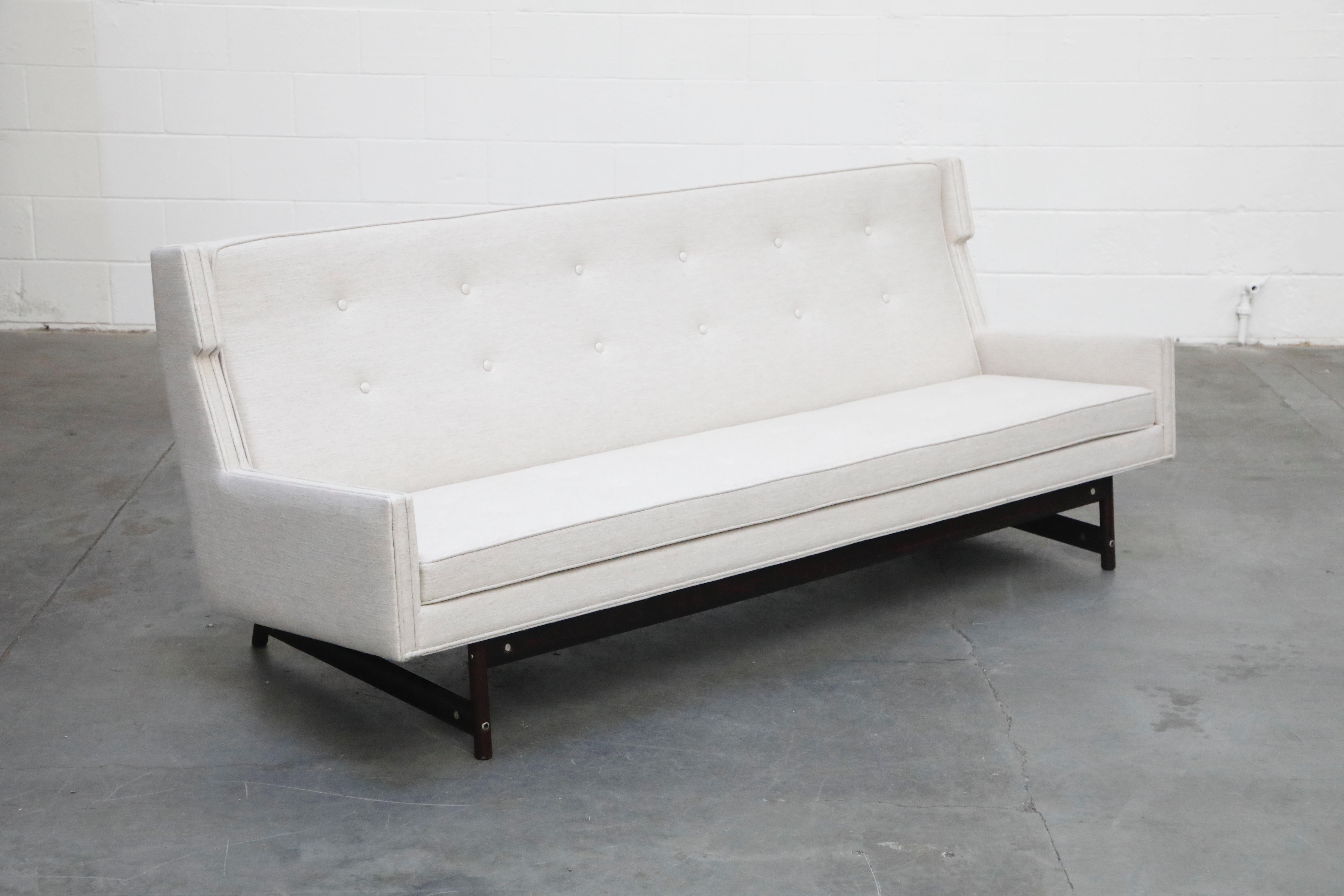 George Kasparian Wingback Sofa on Sculptural Walnut Base In Good Condition In Los Angeles, CA