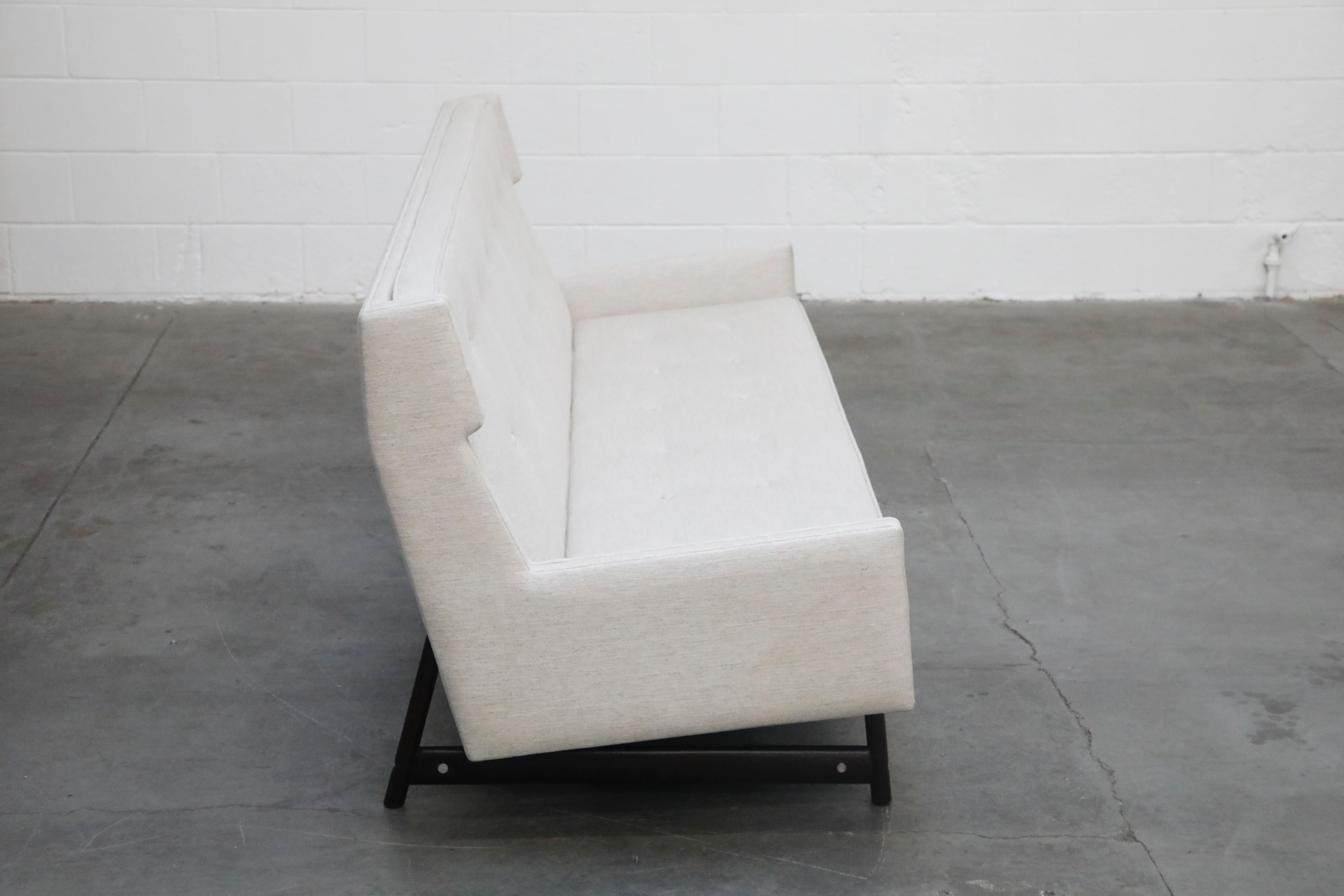 Fabric George Kasparian Wingback Sofa on Sculptural Walnut Base