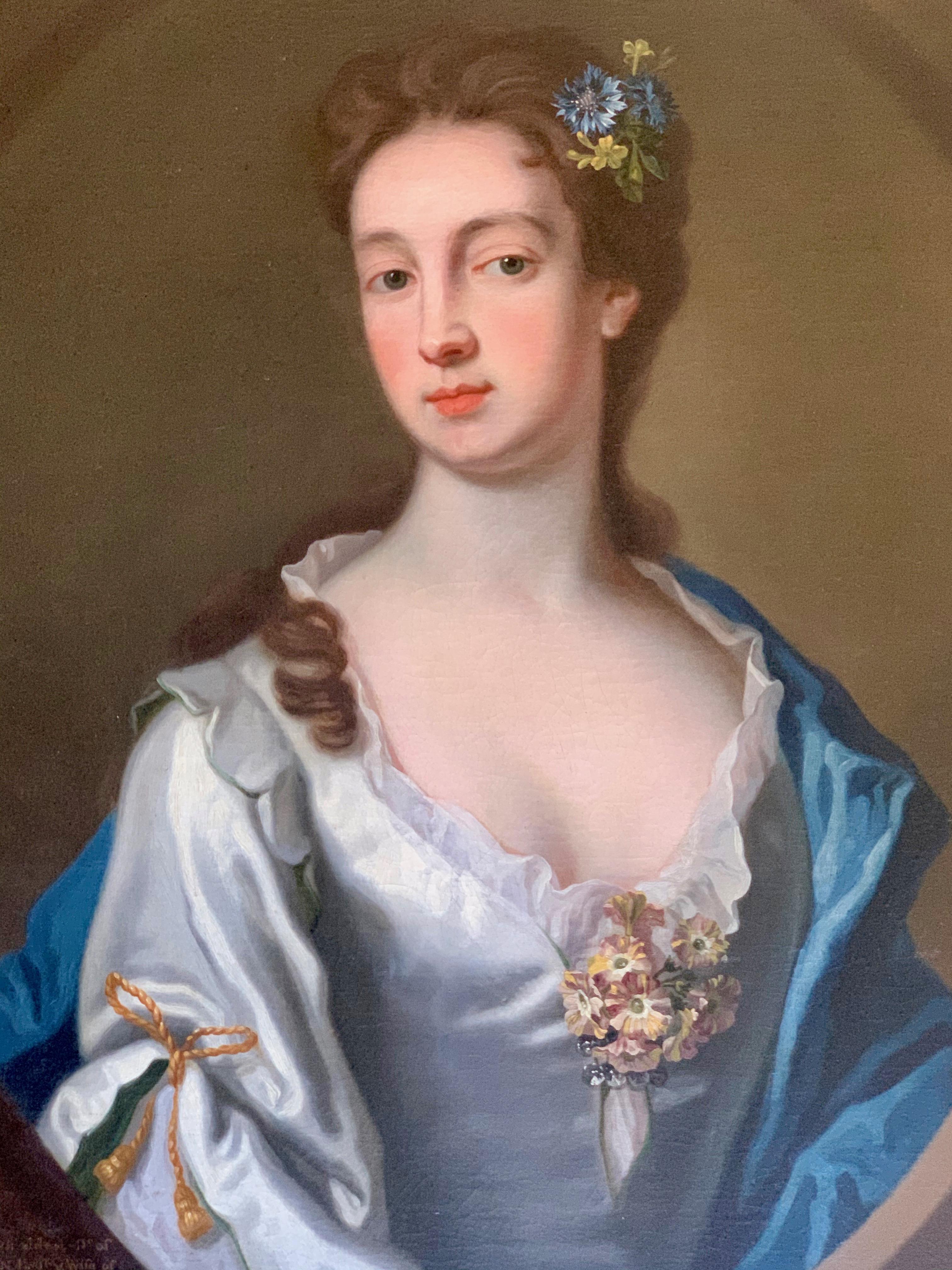 Attributed to George Knapton Interior Painting - 18th Century English Portrait of a Lady in a White and Blue Silk Dress.