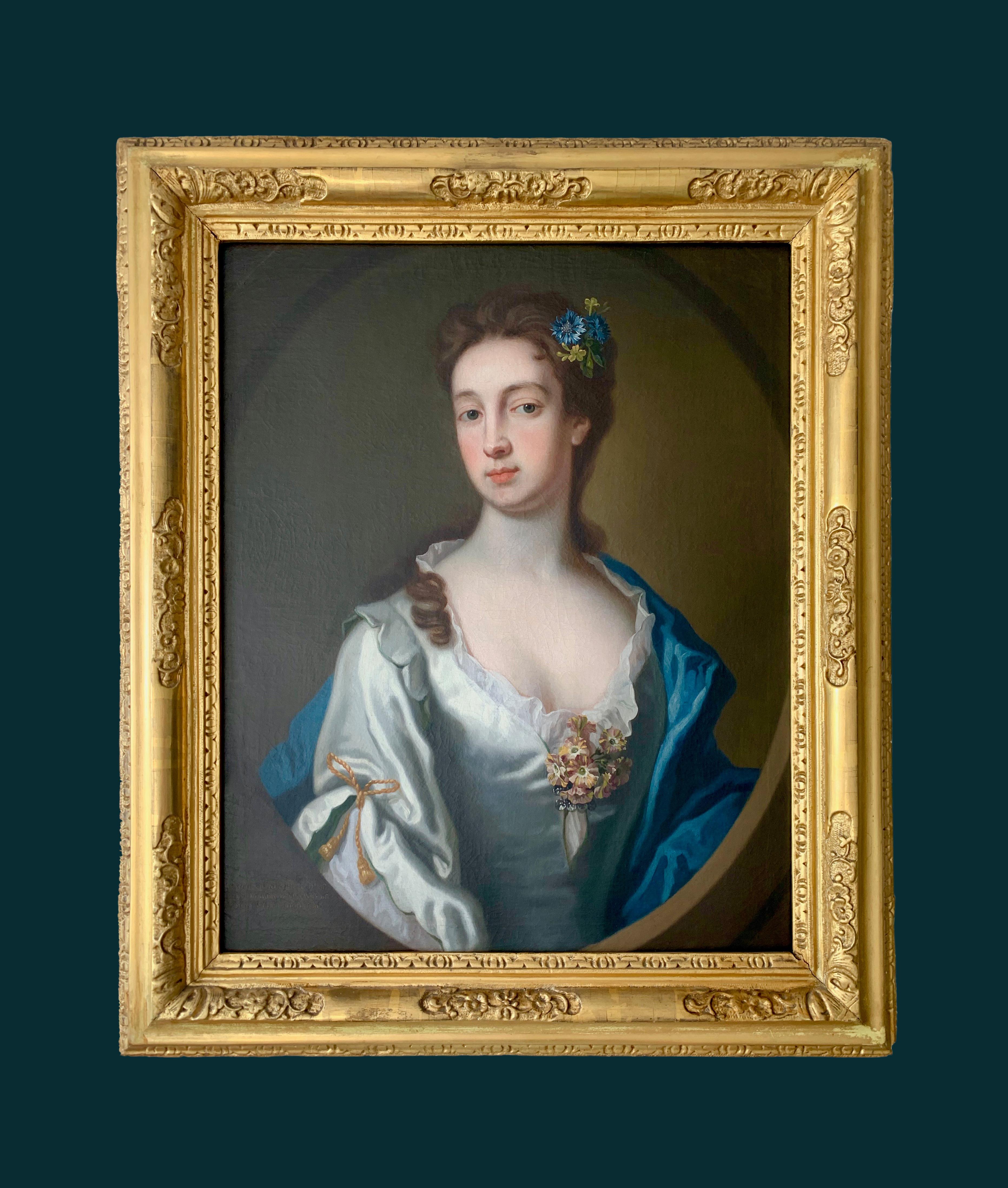 18th Century English Portrait of a Lady in a White and Blue Silk Dress. - Brown Interior Painting by Attributed to George Knapton
