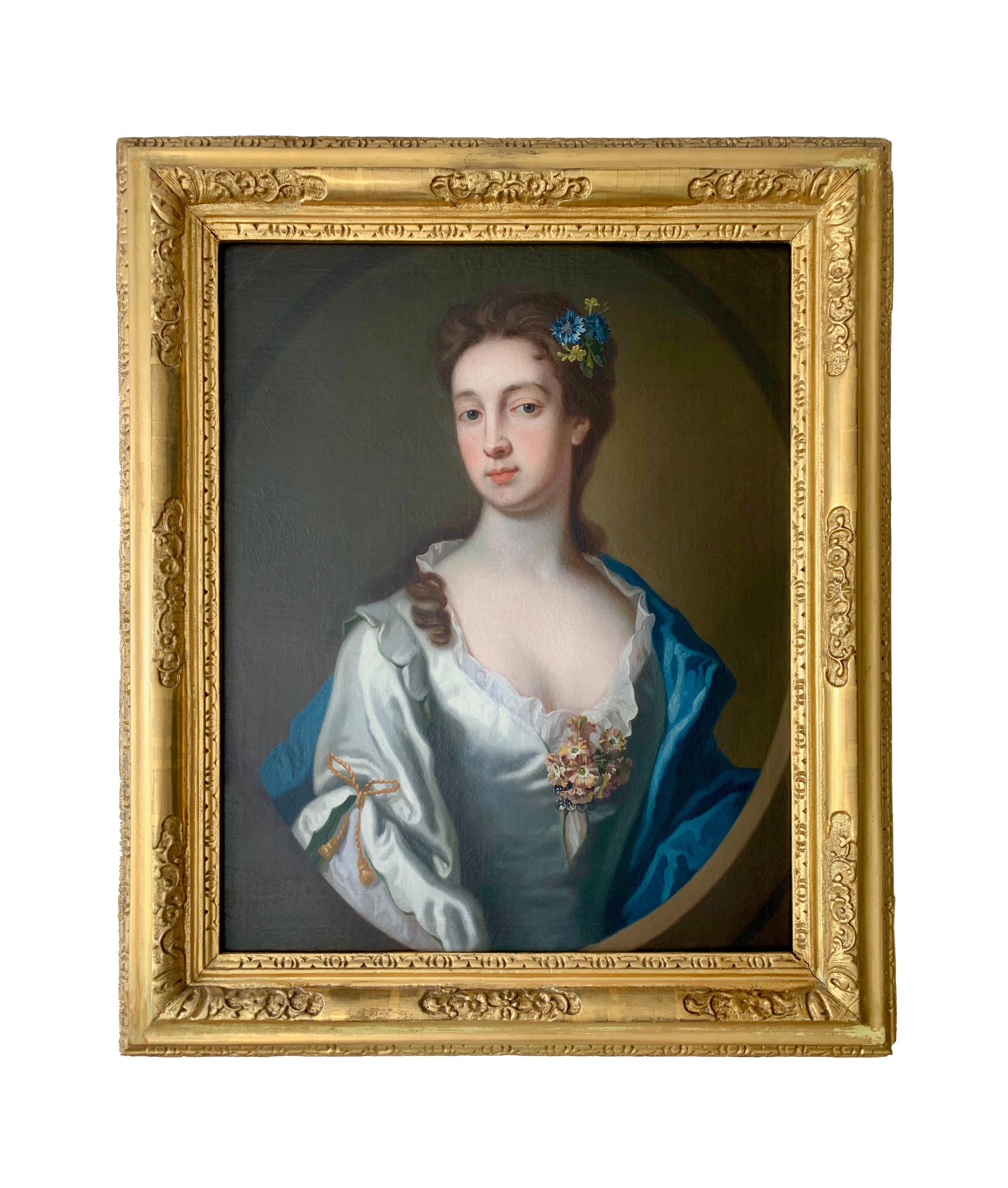 18th Century English Portrait of a Lady in a White and Blue Silk Dress. - Painting by Attributed to George Knapton