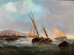 Antike viktorianische englische Fischerboote aus dem 19. Jahrhundert vor der Küste Englands