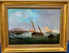 Antique 19th century Victorian English fishing boats off the coast of England