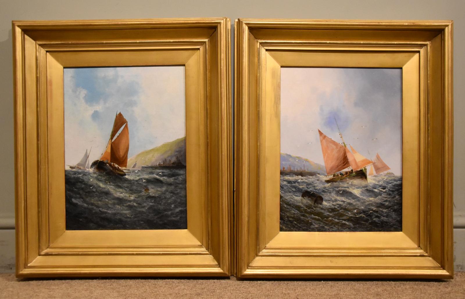 George Knight Landscape Painting - Pair Oil Paintings by George H Knight "Fishing Boats off the South Coast"  
